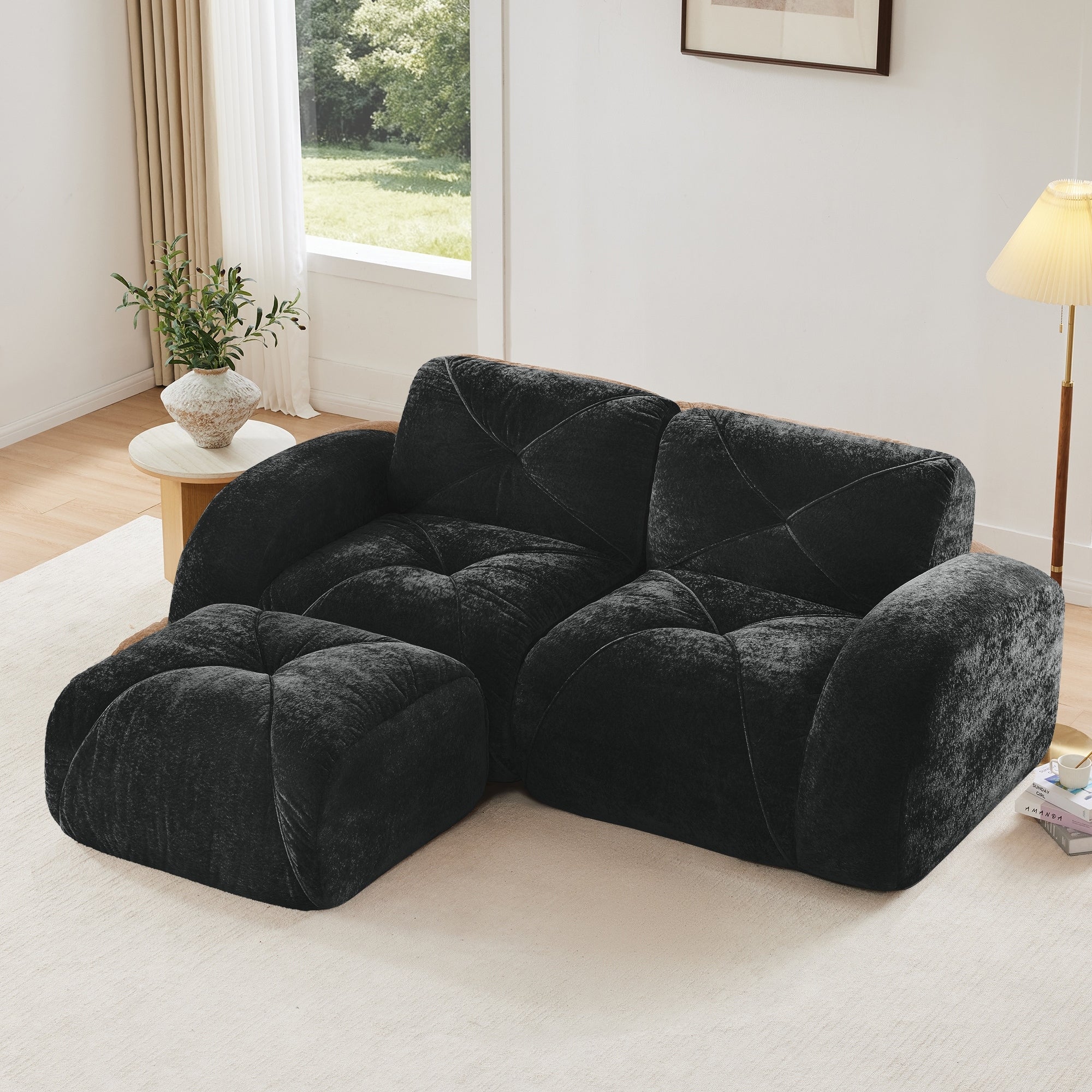 L Shaped Boneless Sofa Soft Velvet Fabric Tufted Design 32D High Density Sponge No Assembly Required