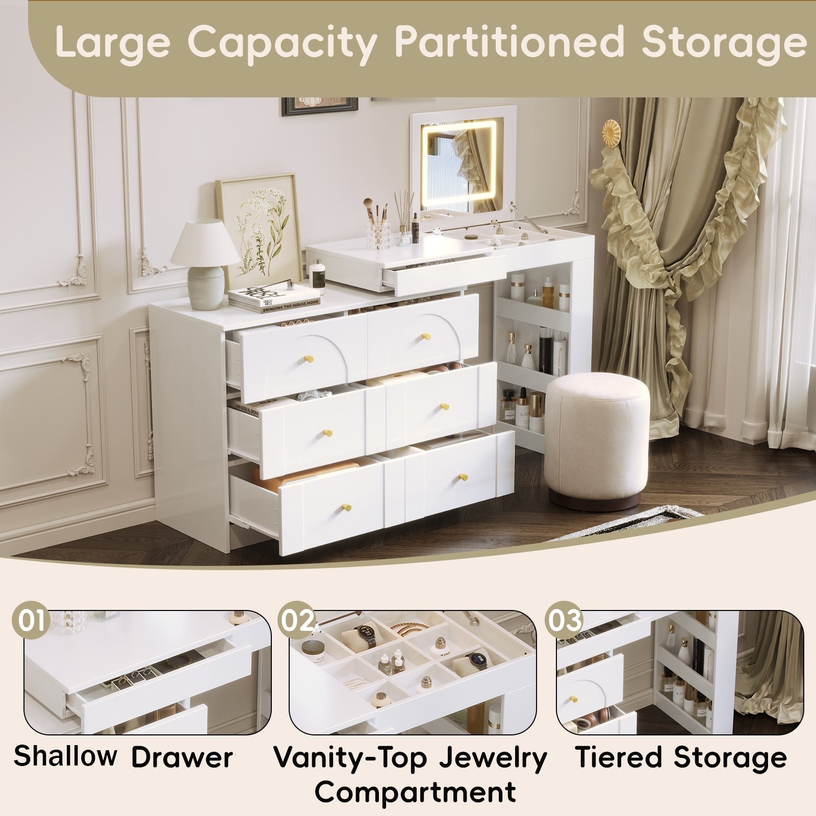 L Shaped Makeup Vanity Dressing Table With Flip Top Makeup Mirror Adjustable Led Lights 7 Drawers