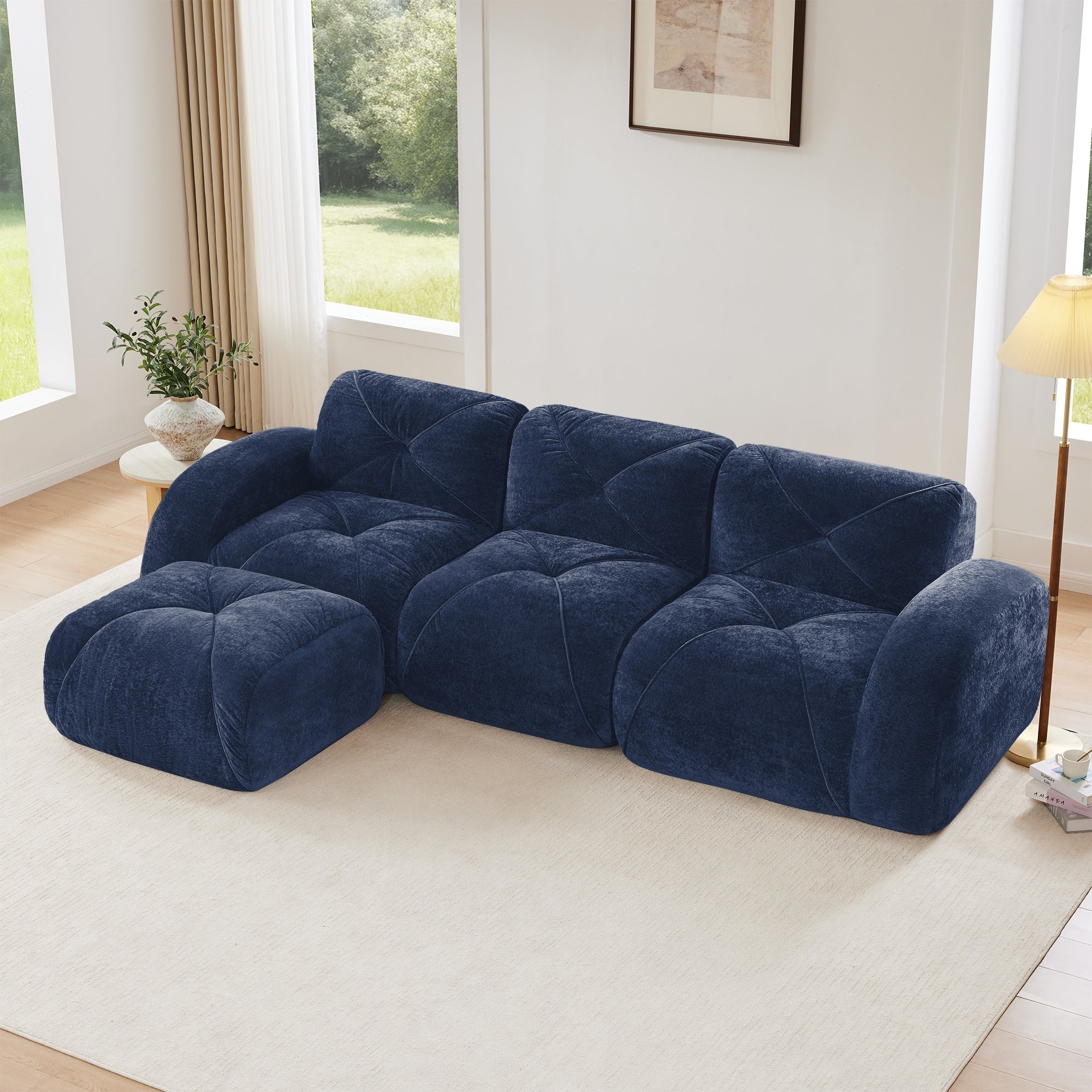 L Shaped Soft Velvet Fabric Boneless Sofa Tufted Design Ergonomic Design Bottom 32D High Density Sponge