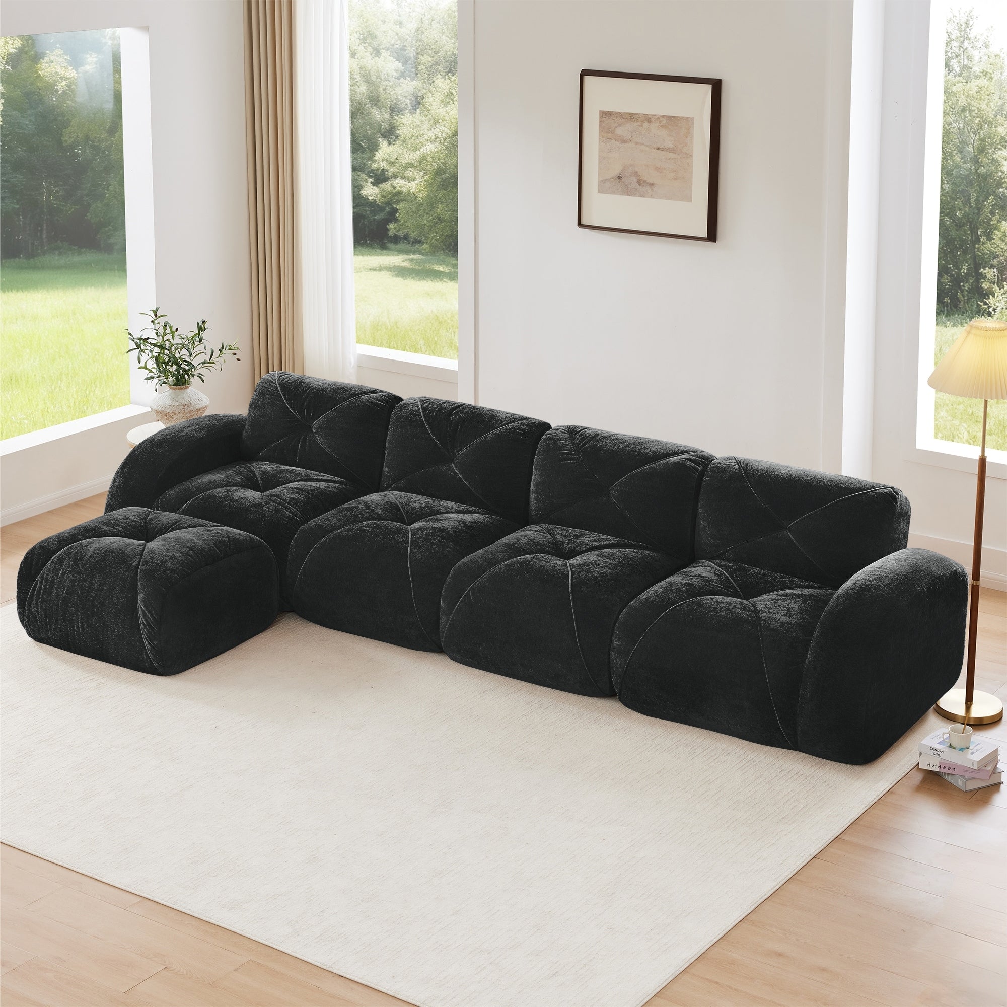 L Shaped Soft Velvet Fabric Tufted Design 32D High Density Sponge Bottom Ergonomic Design Bottom Anti Slip Design
