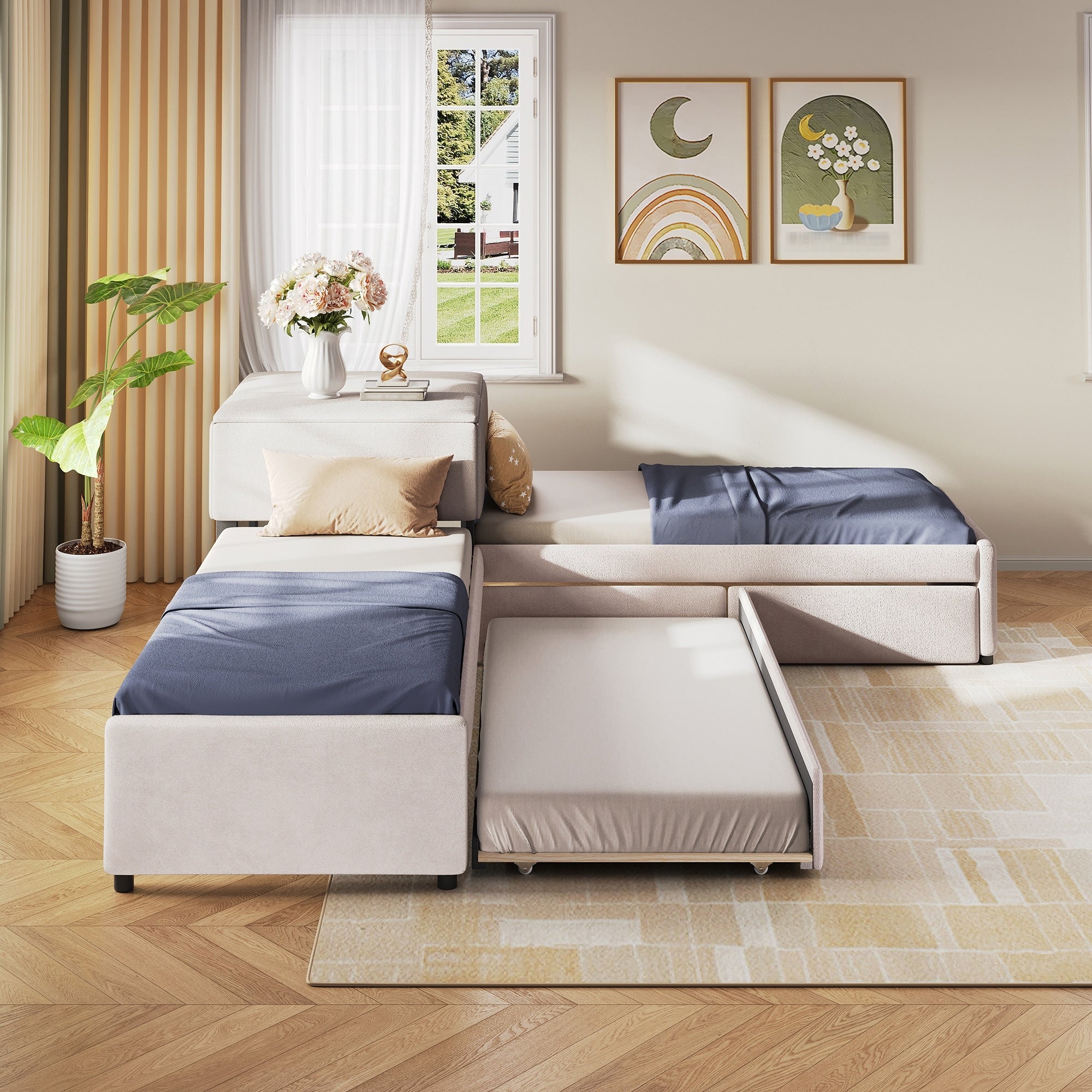 L Shaped Upholstered Platform Bed With Trundle And Two Drawers Linked With Built In Desk