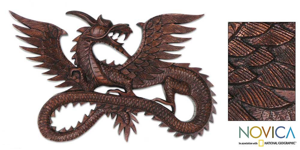 Wood Relief Flying Dragon Panel Indonesia