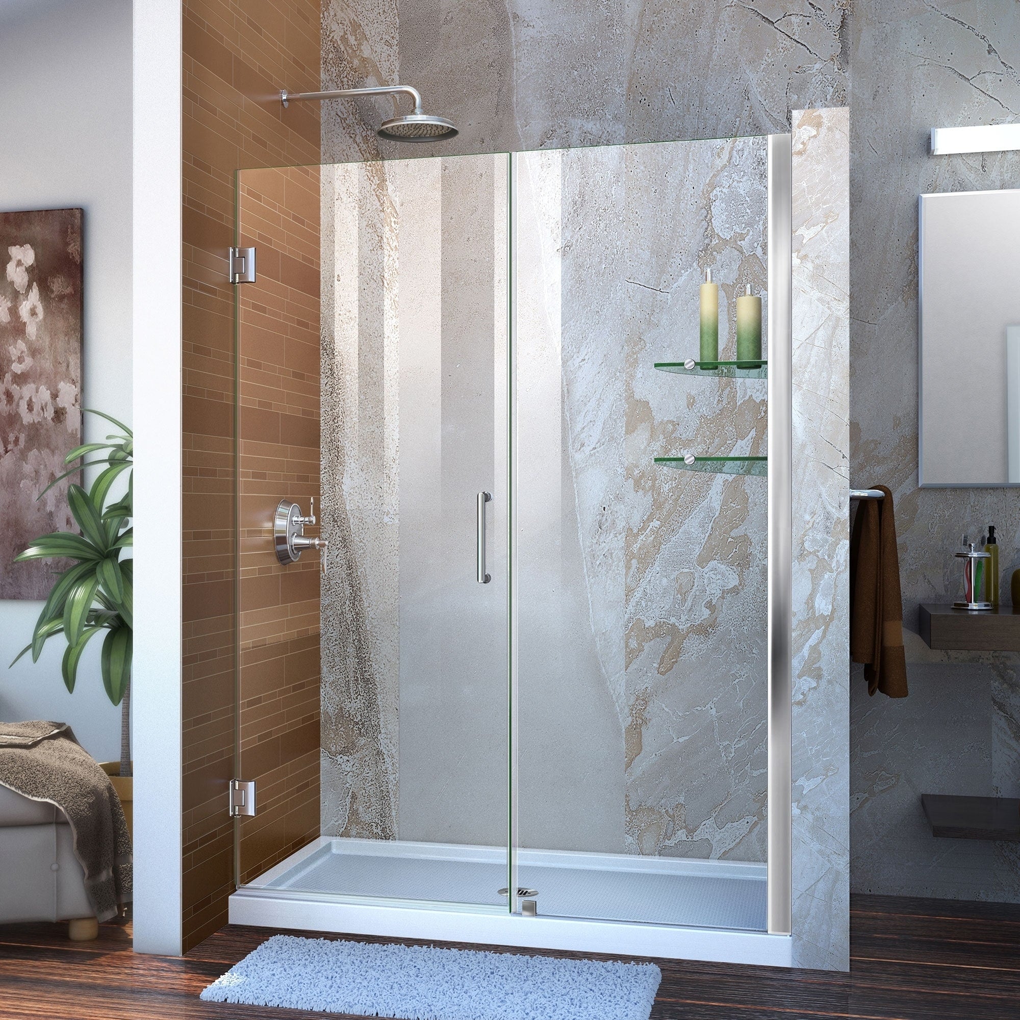 Dreamline Unidoor 51 52 In. W X 72 In. H Frameless Hinged Shower Door With Shelves 51 52 W