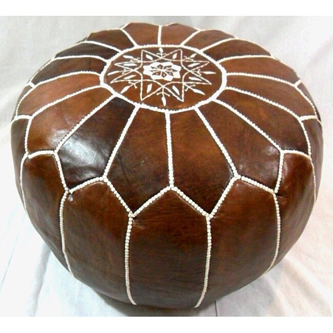 Handmade Cocoa White Stitched Leather Ottoman Pouf Morocco