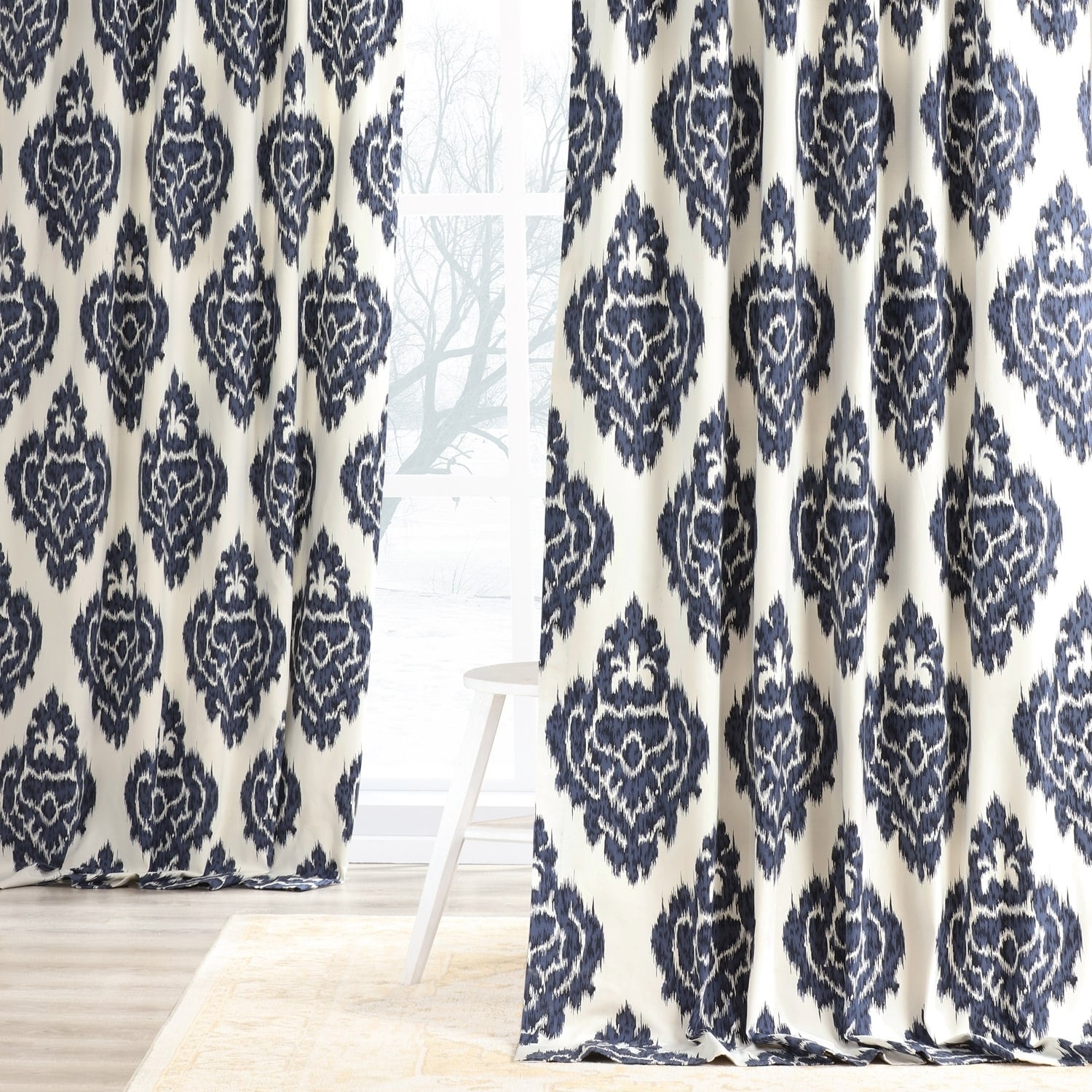 Exclusive Fabrics Ikat Blue Printed Cotton Single Curtain Panel