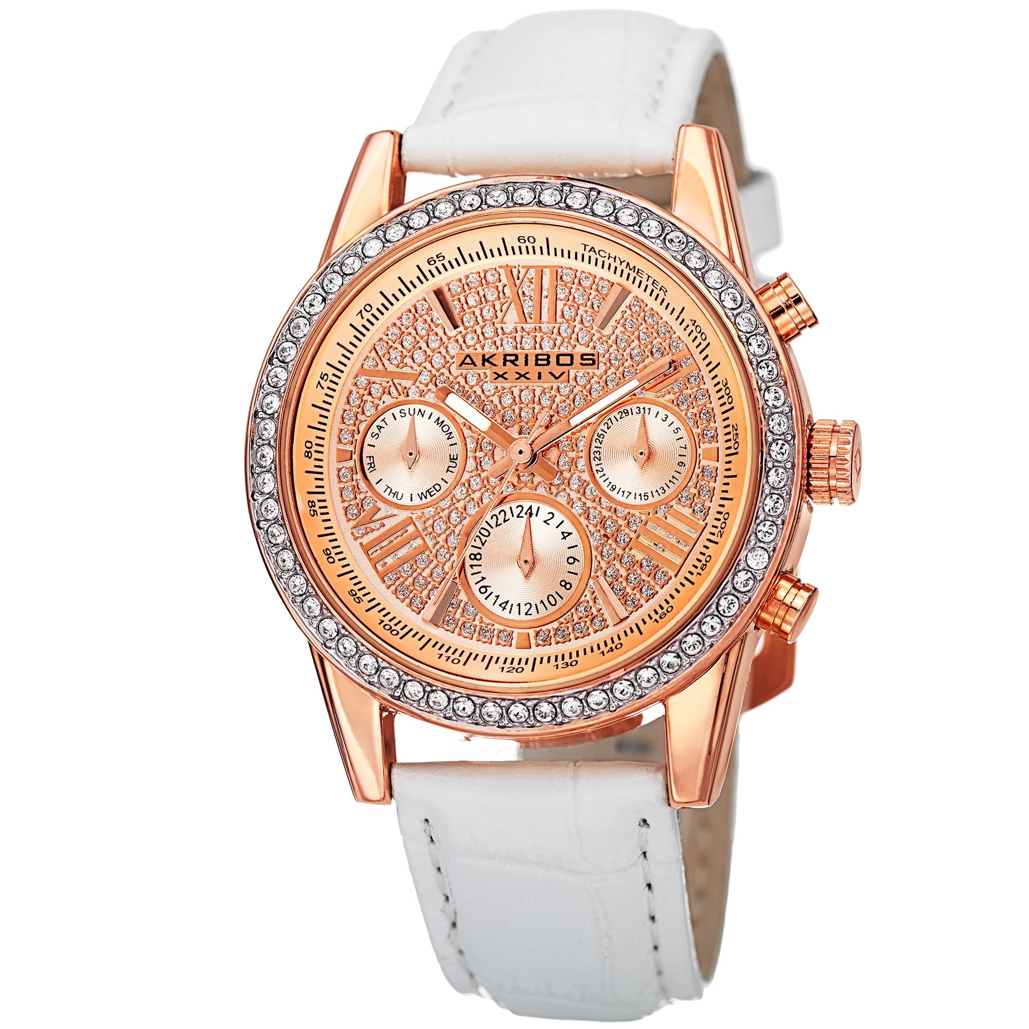 Akribos Xxiv Womens Swiss Quartz Multifunction Leather White Strap Watch