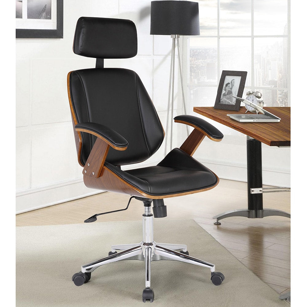 Armen Living Century Black Pu Leather Office Chair With Walnut Veneer Back And Chrome Finish Base