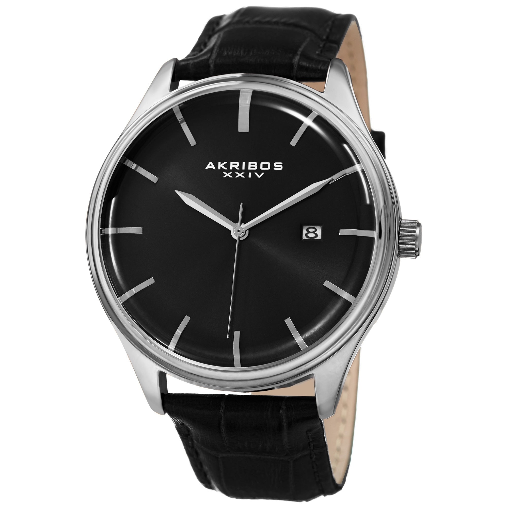 Akribos Xxiv Mens Quartz Date Black Leather Strap Watch Silver
