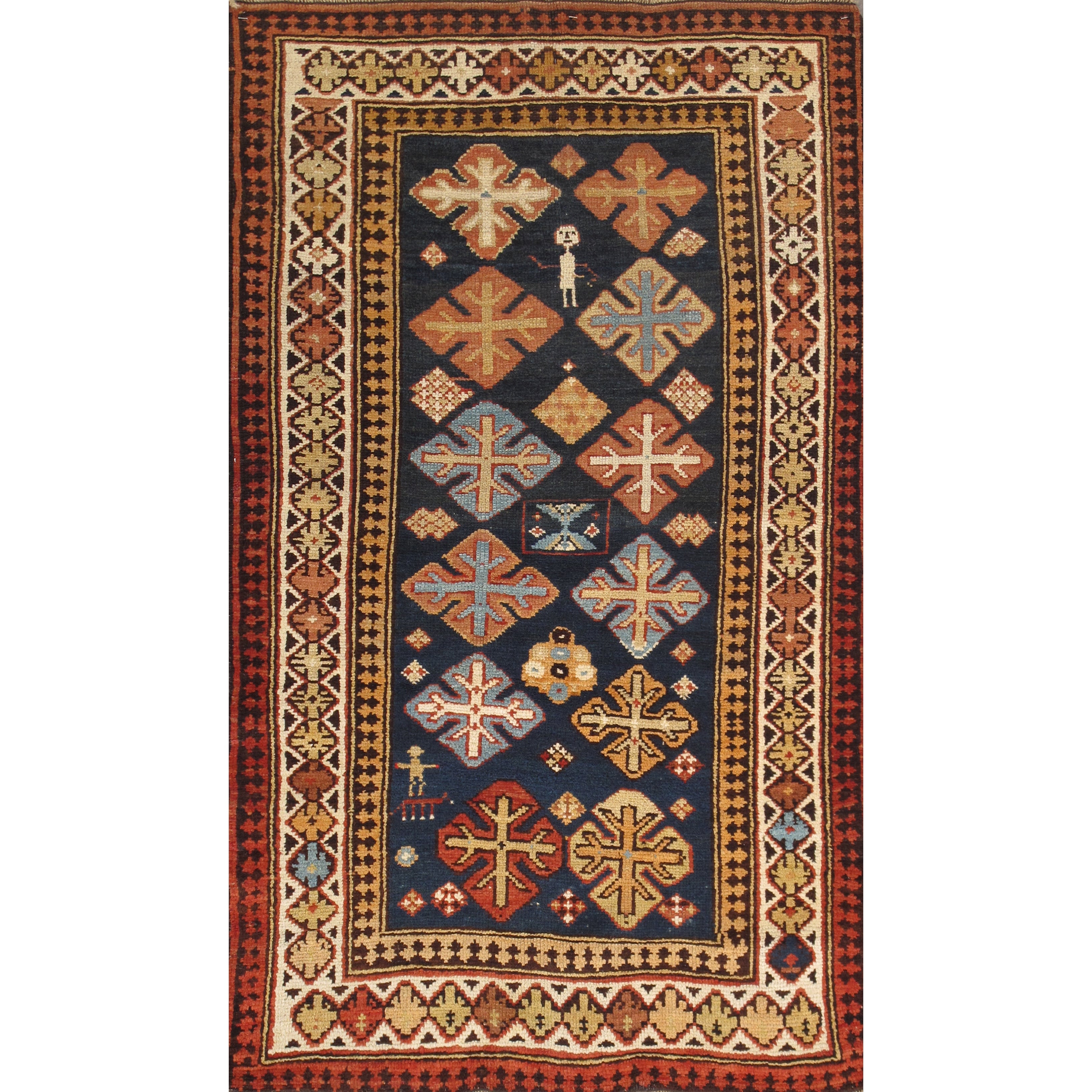 Pasargad Kazak Hand Knotted Navy Ivory Lambs Wool Area Rug 3 X 5