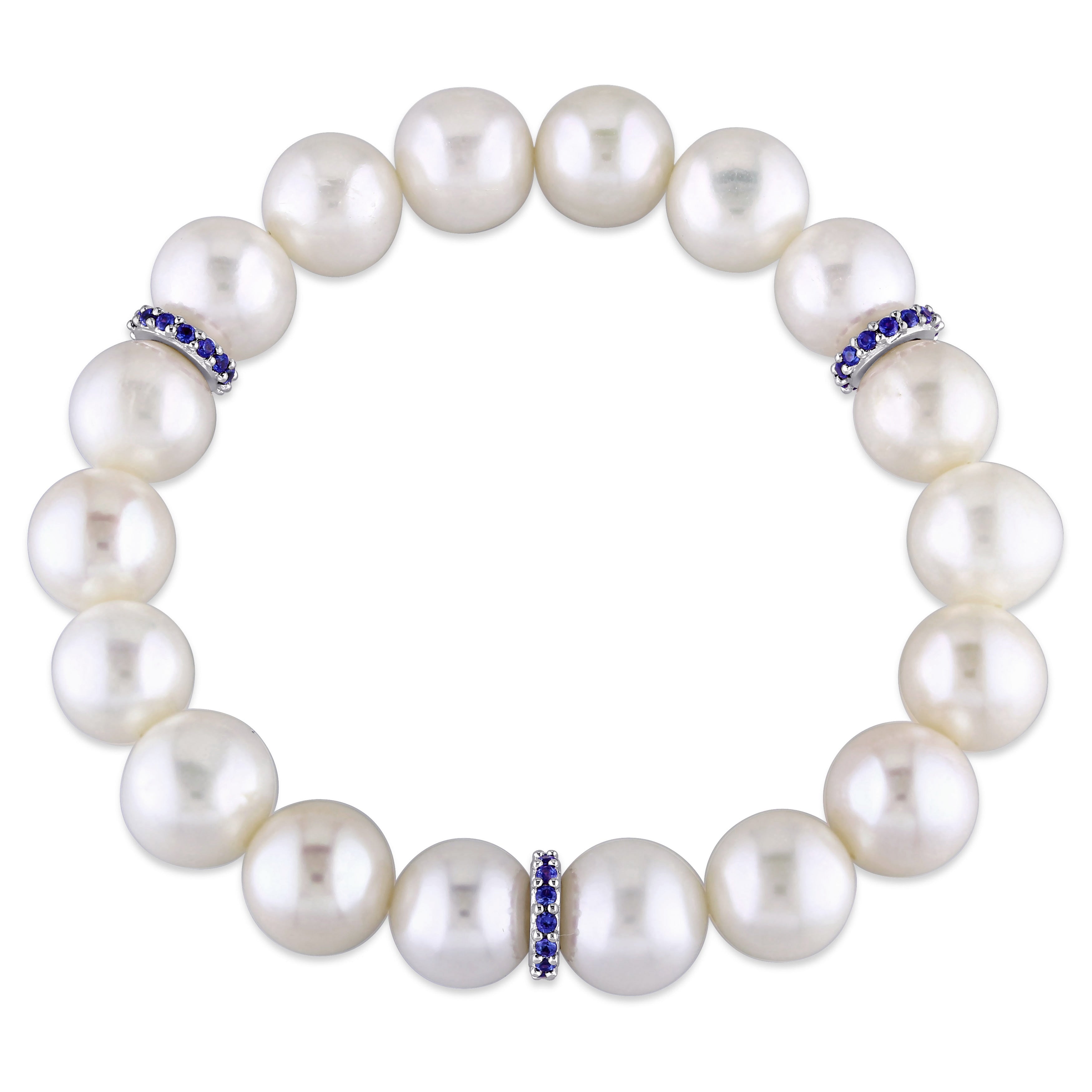 9 9.5Mm Freshwater Cultured Peal And Created Sapphire Rondelles Beaded Bracelet In Sterling Silver By Miadora Blue