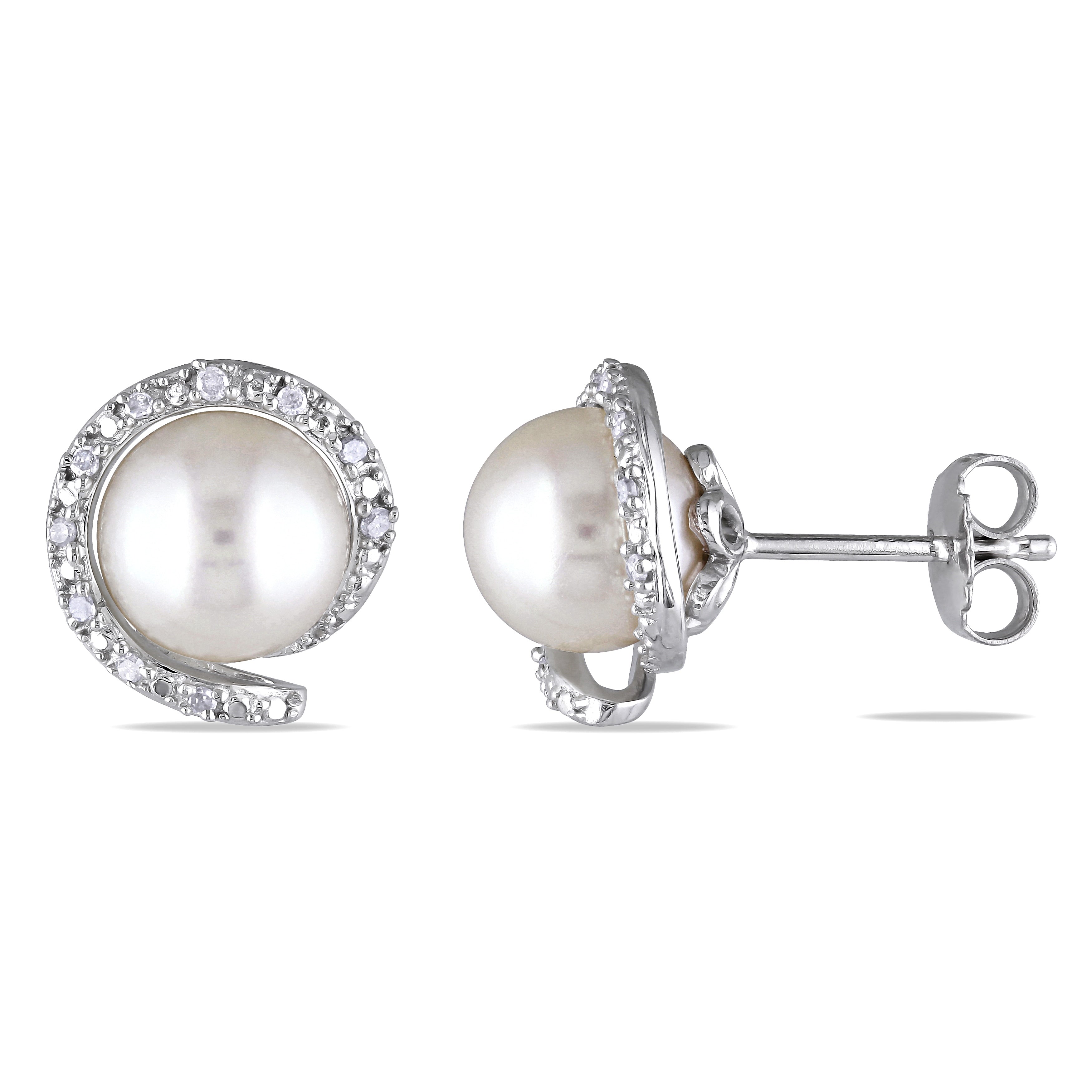 Miadora Sterling Silver Cultured Freshwater Pearl And 1 10Ct Tdw Diamond Halo Loop Earring H I I3 8 8.5Mm White