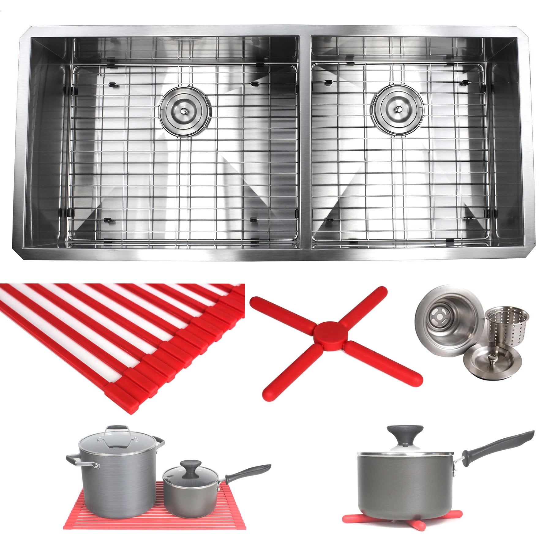 Ariel 42 Inch Stainless Steel Double Bowl 60 40 Zero Radius 16 Gauge Undermount Kitchen Sink Complete Combo Accessories