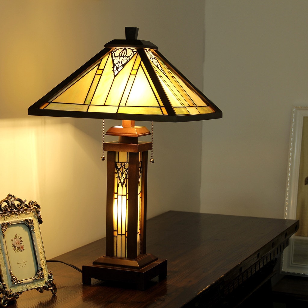 Chloe Tiffany Style Mission Design Double Lit 2 1 Light Dark Walnut Table Lamp