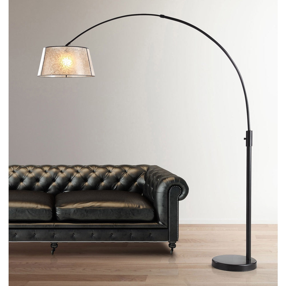 Orbita 82 Inch Dark Bronze Retractable Arch Dimmable Floor Lamp With Led Bulb And Mica Shade