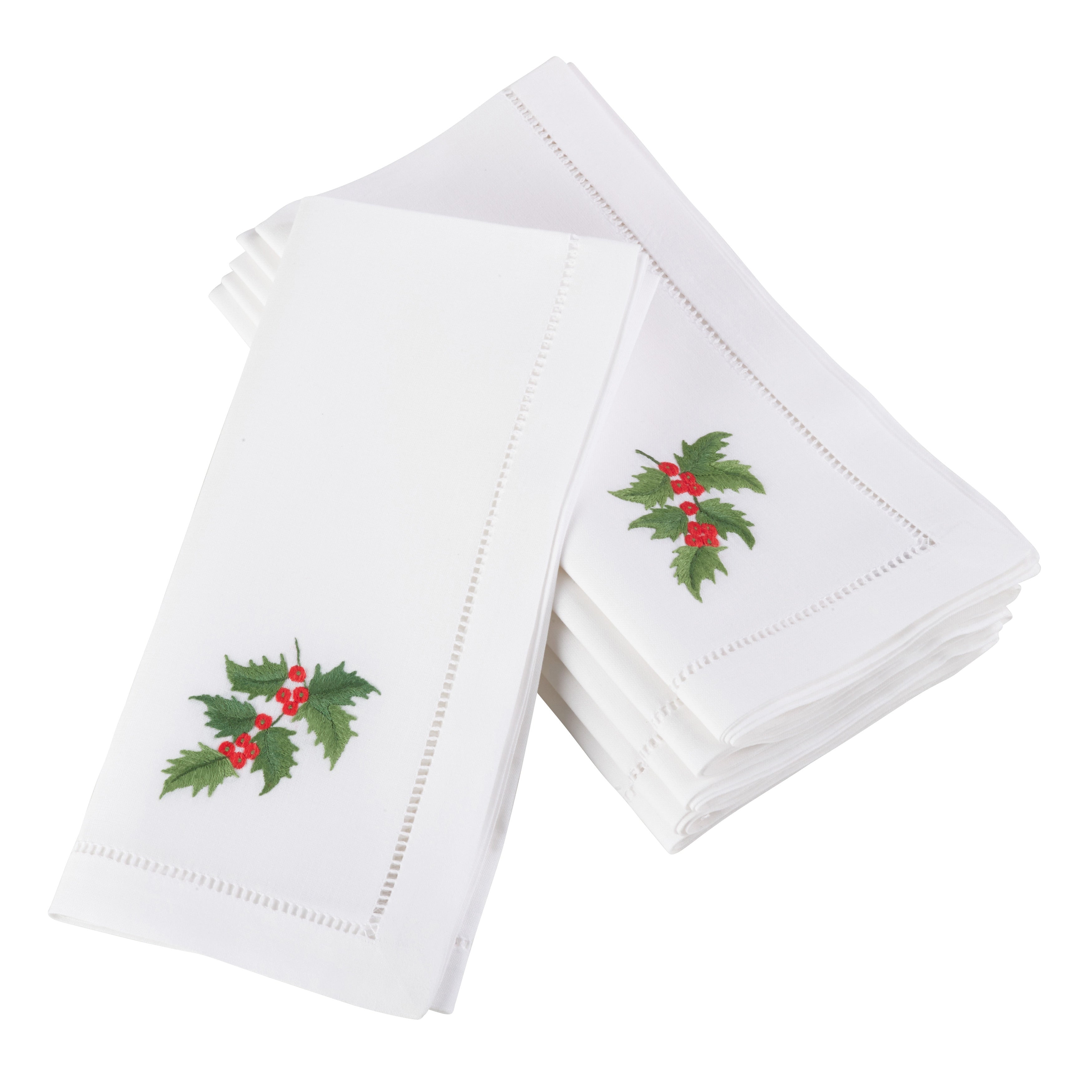 Holly Leaf Embroidered And Hemstitched Cotton Napkin Set Of 6