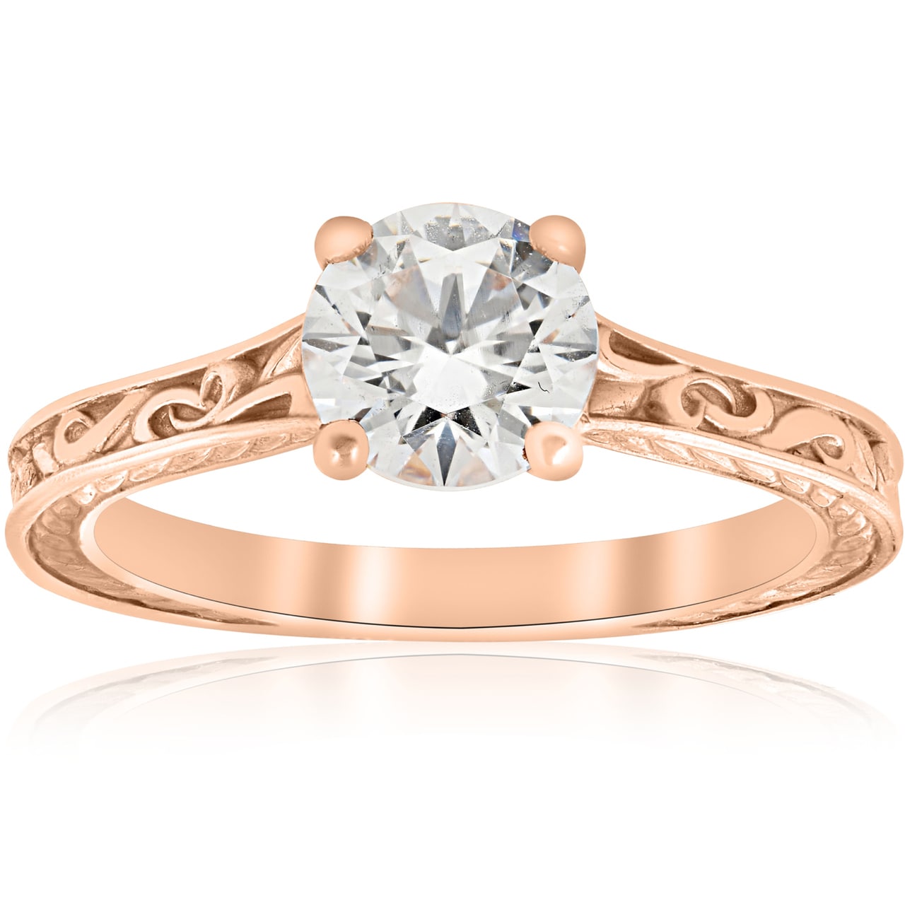 1Ct Diamond Solitaire 14K Rose Gold Vintage Engagement Ring Art Deco Filigree Clarity Enhanced H I I1 I2