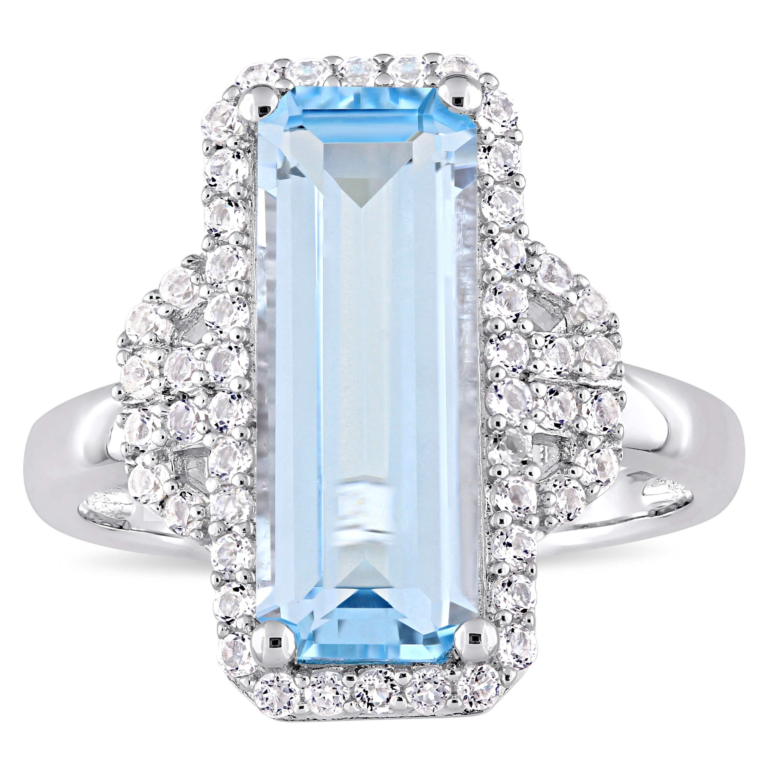 Miadora Sterling Silver Octagon Cut Sky Blue Topaz And Round Cut White Topaz Halo Cocktail Ring Blue
