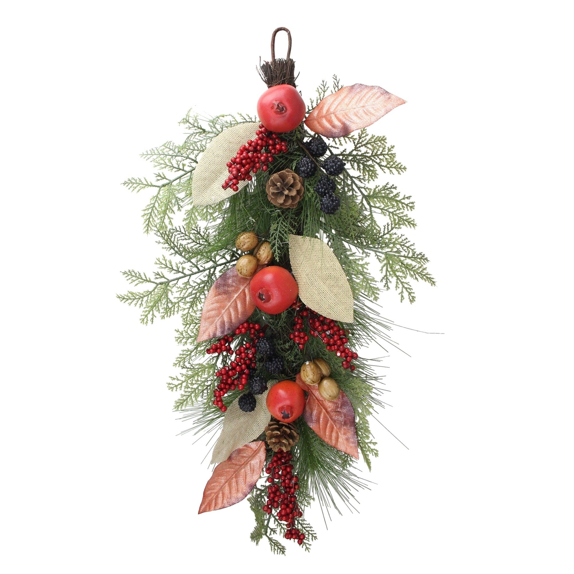 24 Autumn Harvest Mixed Pine Berry And Nut Thanksgiving Fall Teardrop Swag Unlit
