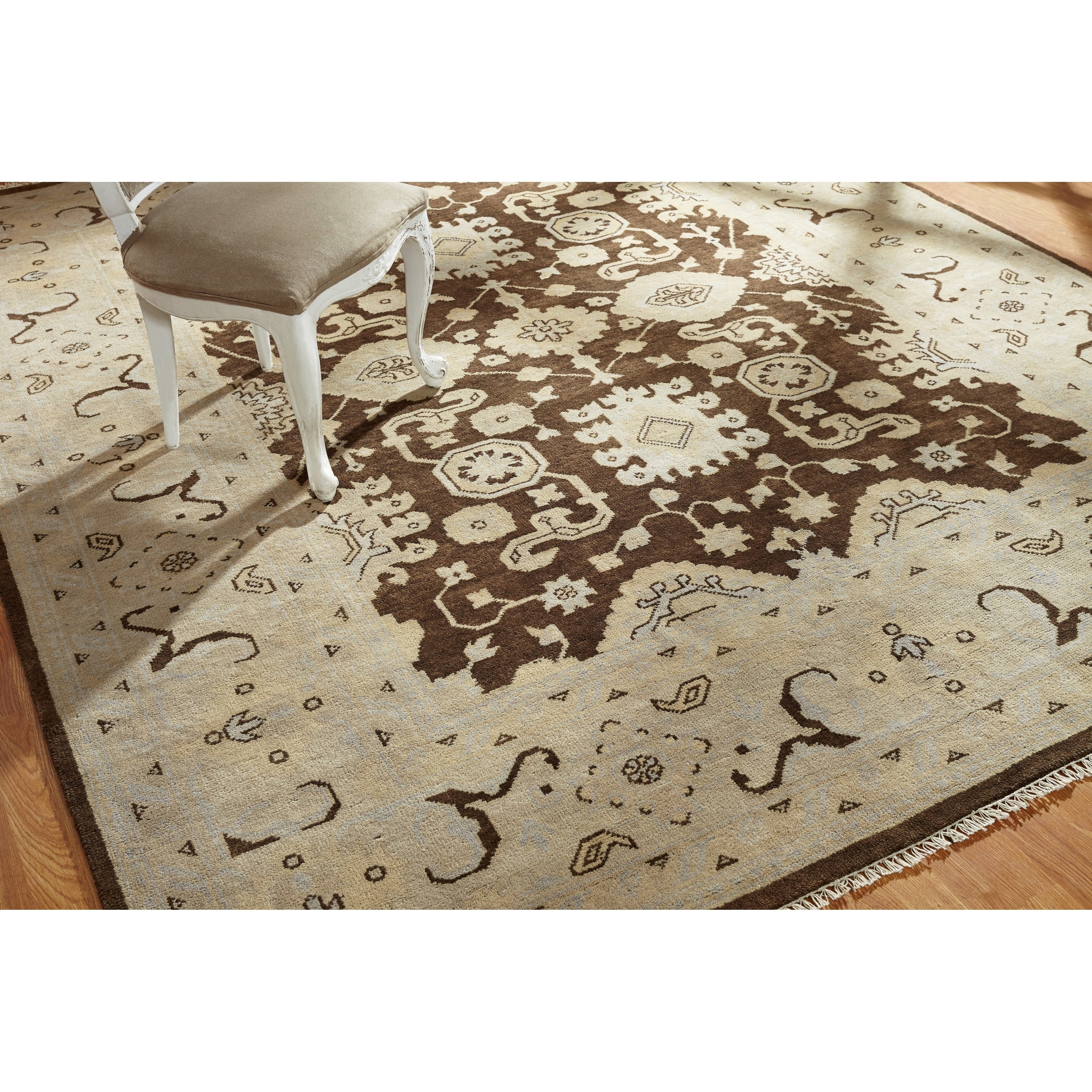 Hand Knotted Umbria Brown Ivory Wool Rug 10 X 14 10 X 14
