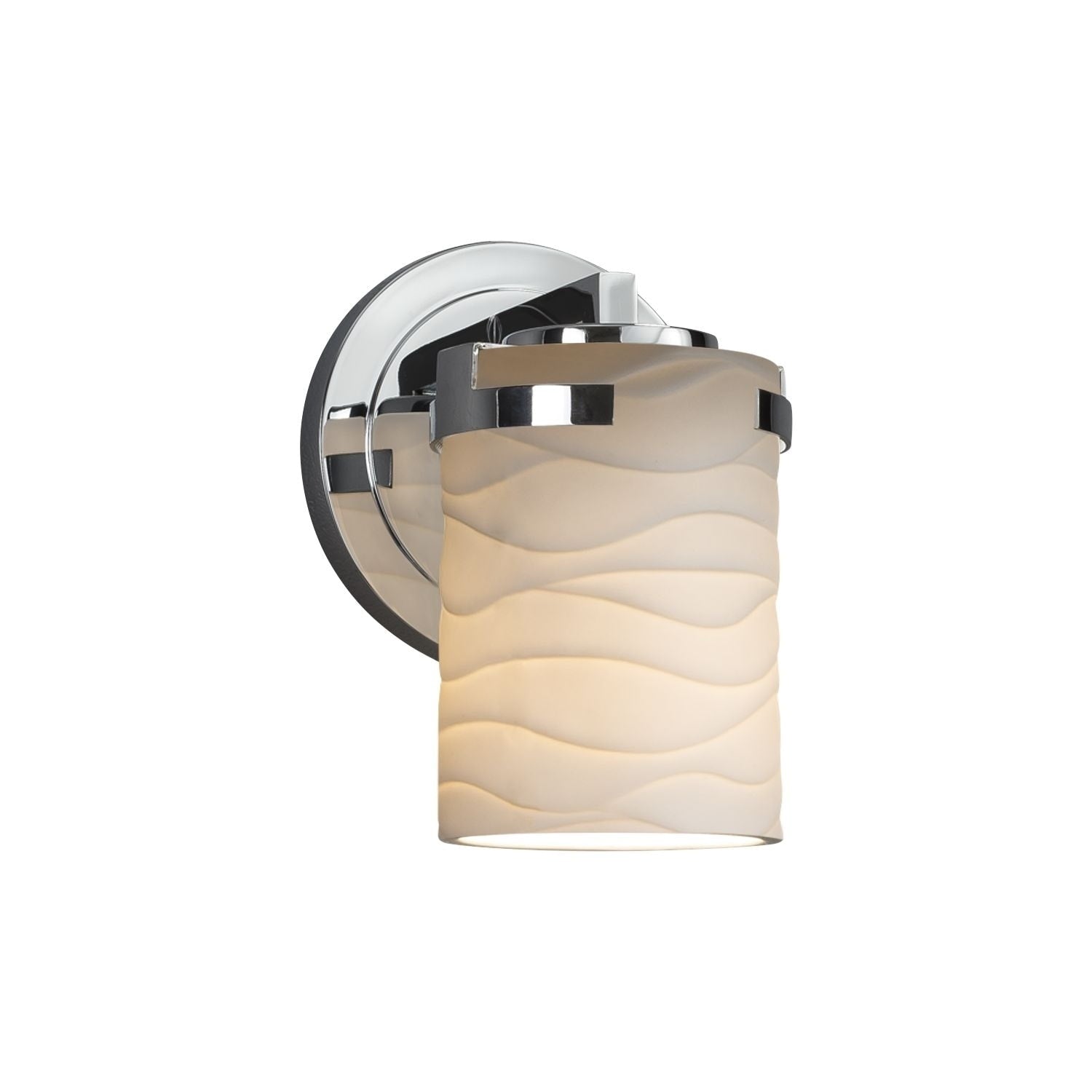 Justice Design Group Limoges Atlas 1 Light Polished Chrome Wall Sconce Waves Cylinder Flat Rim Shade