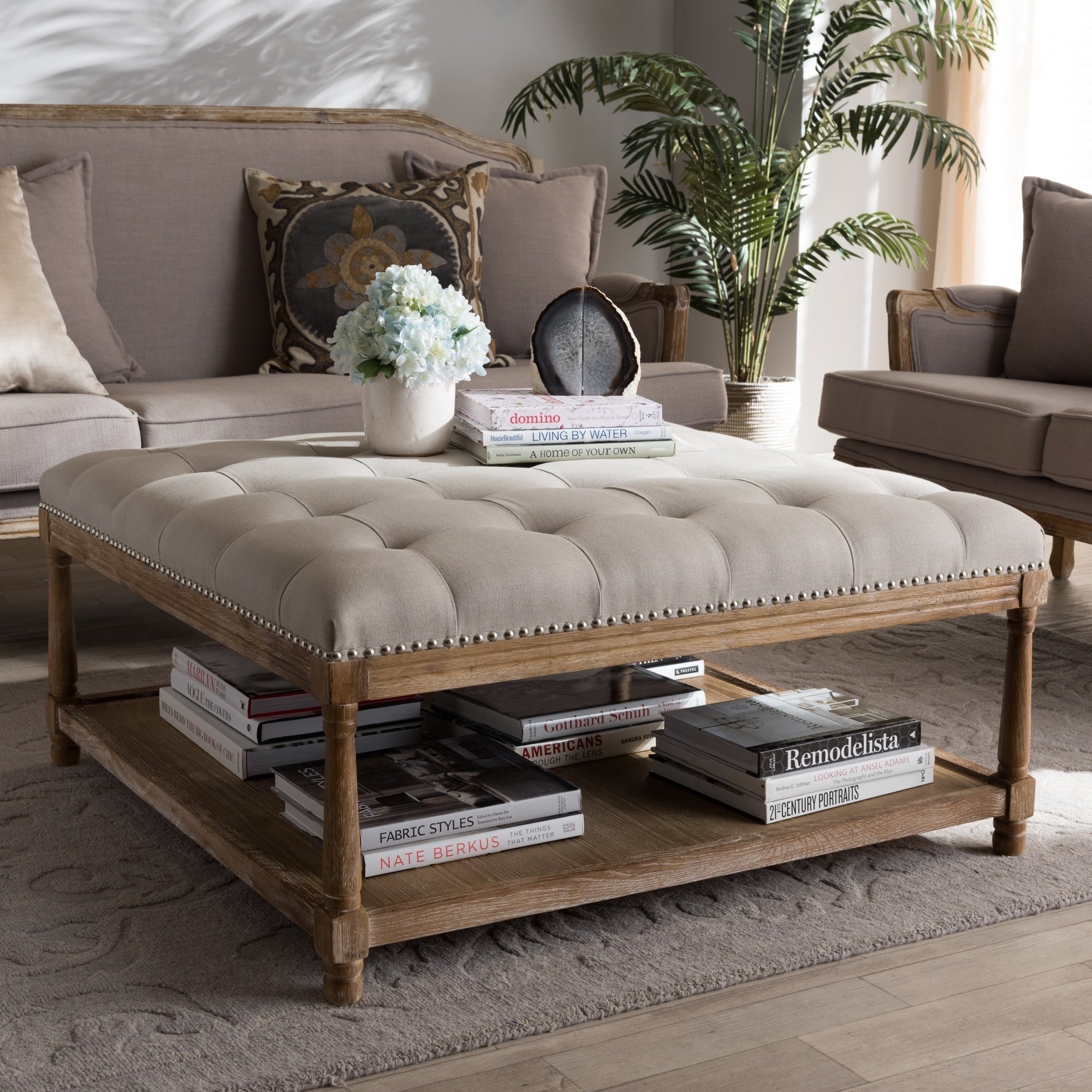 Baxton Studio French Country Beige Linen Square Ottoman