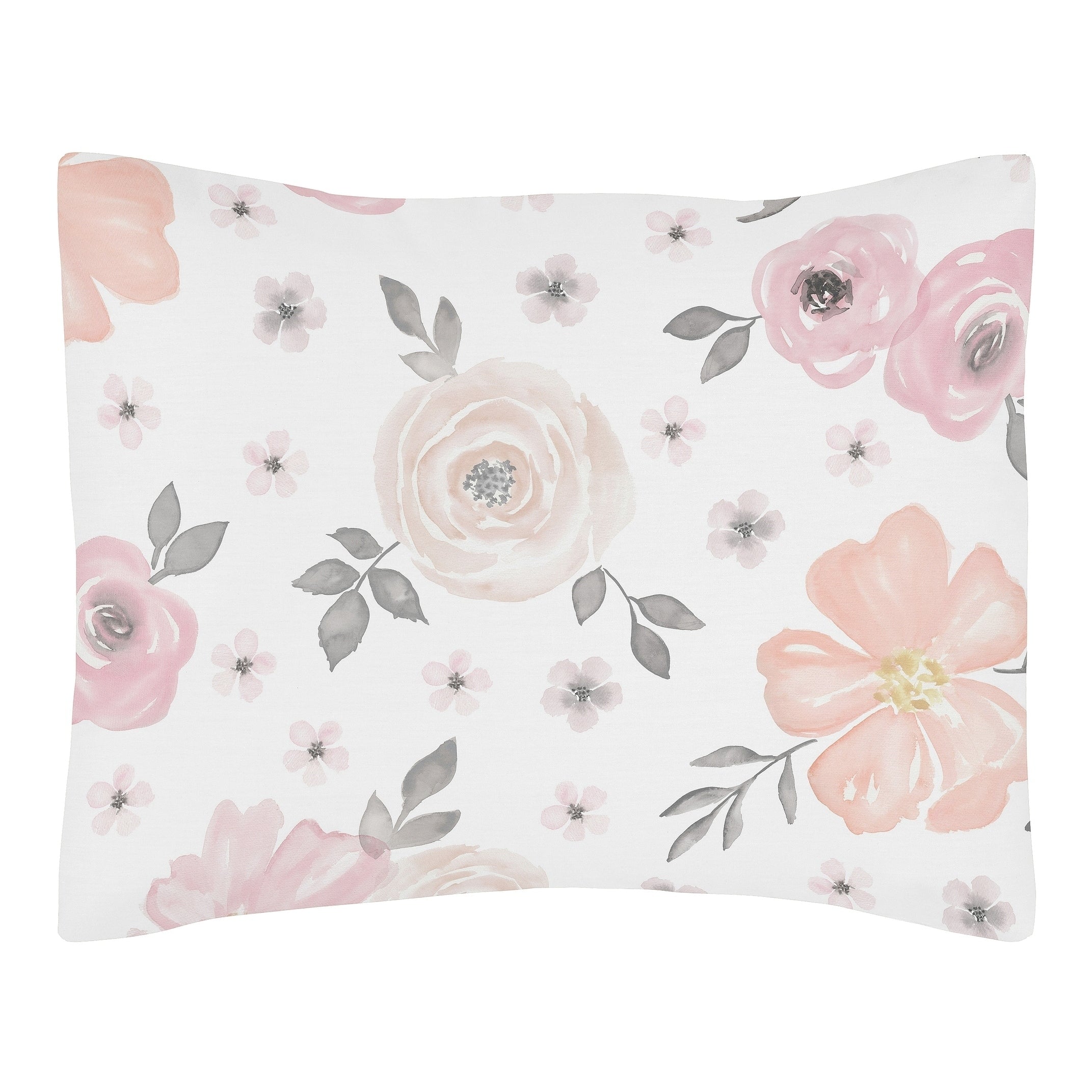 Sweet Jojo Designs Blush Pink Grey And White Watercolor Floral Collection Standard Pillow Sham
