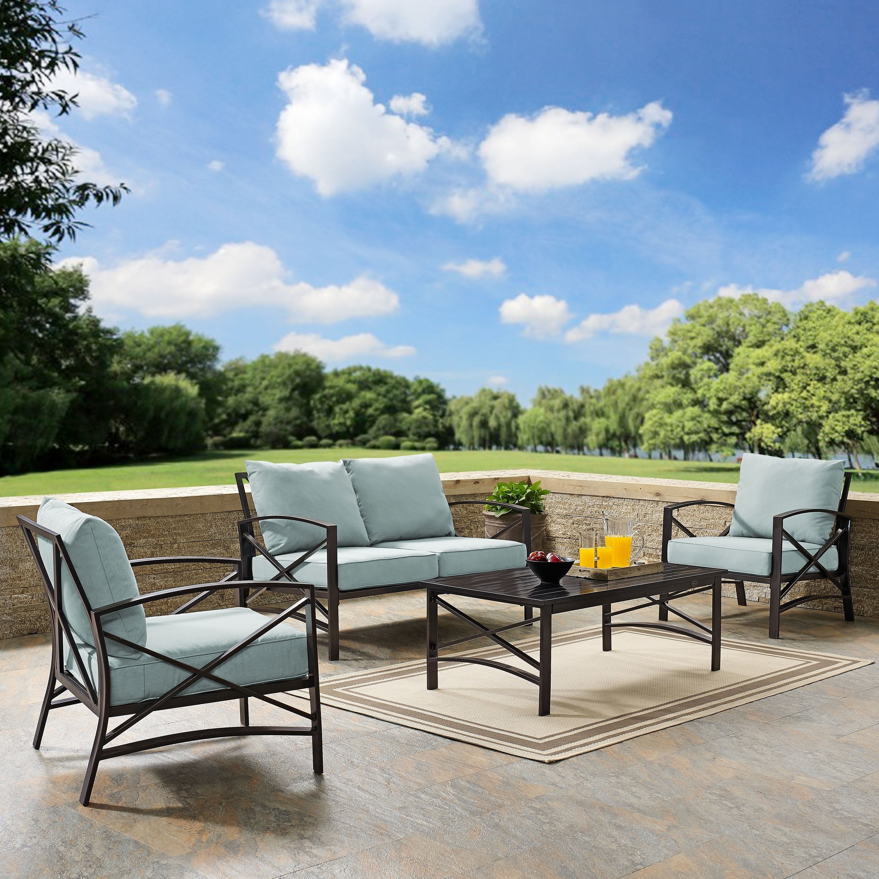 Kaplan 4 Pc Outdoor Seating Set With Mist Cushion Loveseat Two Chairs Coffee Table