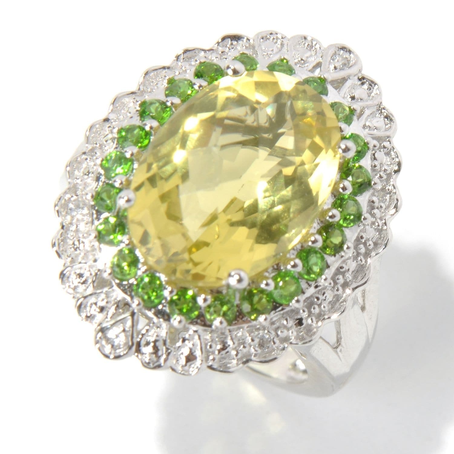 Pinctore Ster Silver 5.94Ct Chrome Diopside Lemon Quartz Cocktail Ring Size 7 Yellow