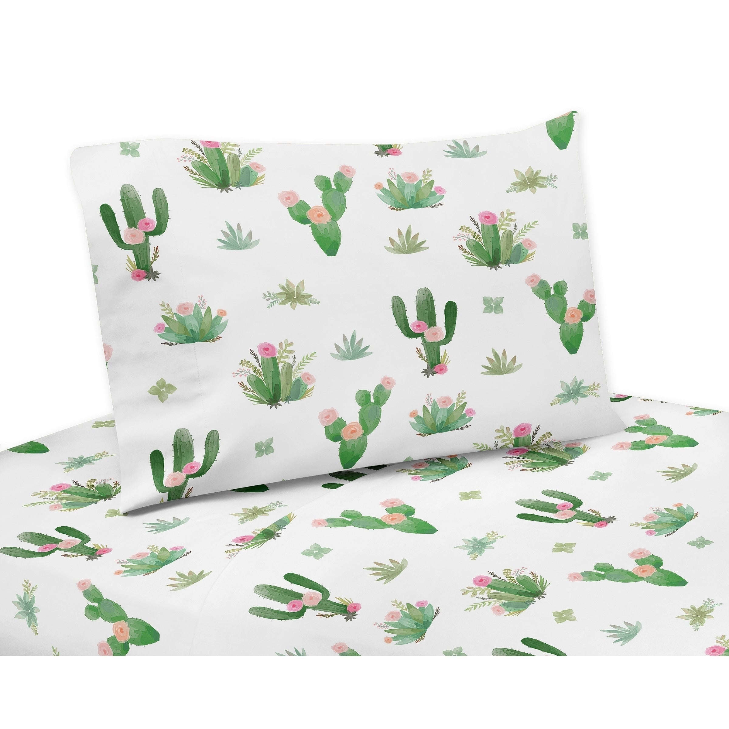 Sweet Jojo Designs Pink And Green Boho Watercolor Cactus Floral Collection 3 Piece Twin Sheet Set