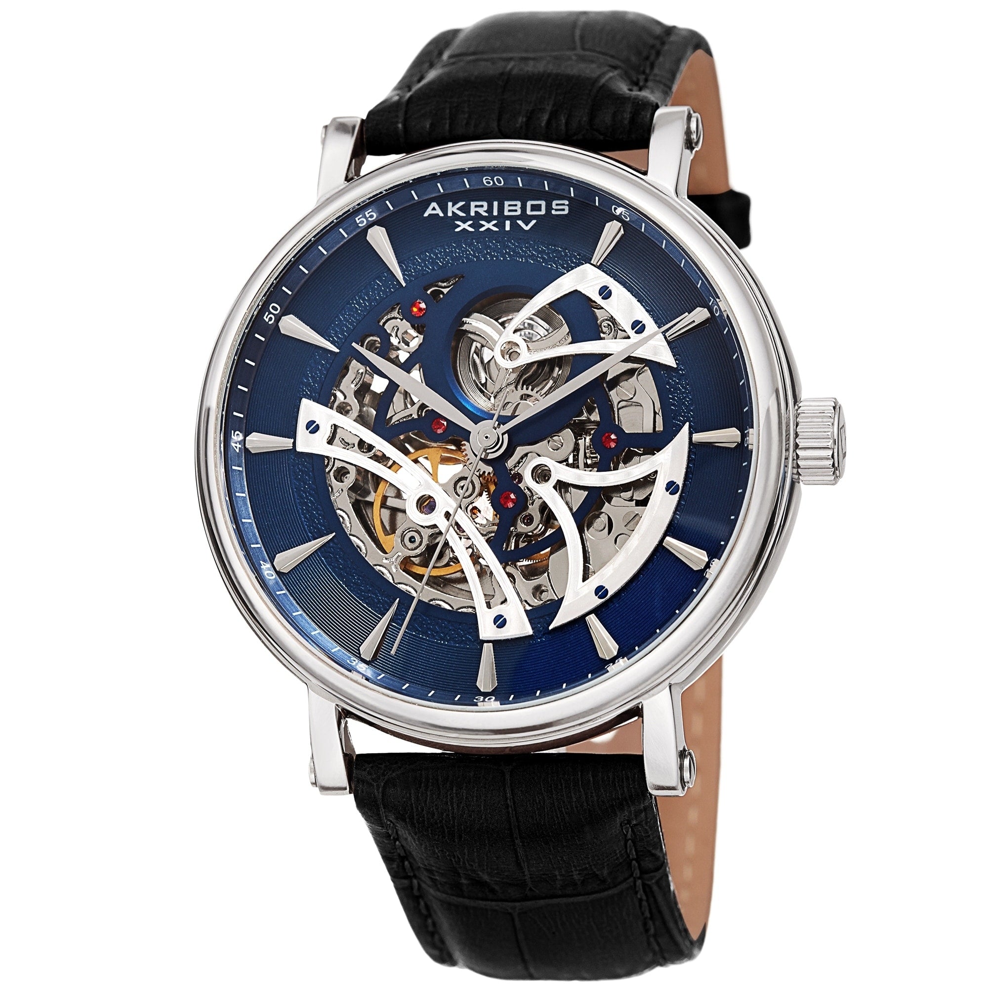Akribos Xxiv Mens Automatic Skeletal Black Leather Strap Watch