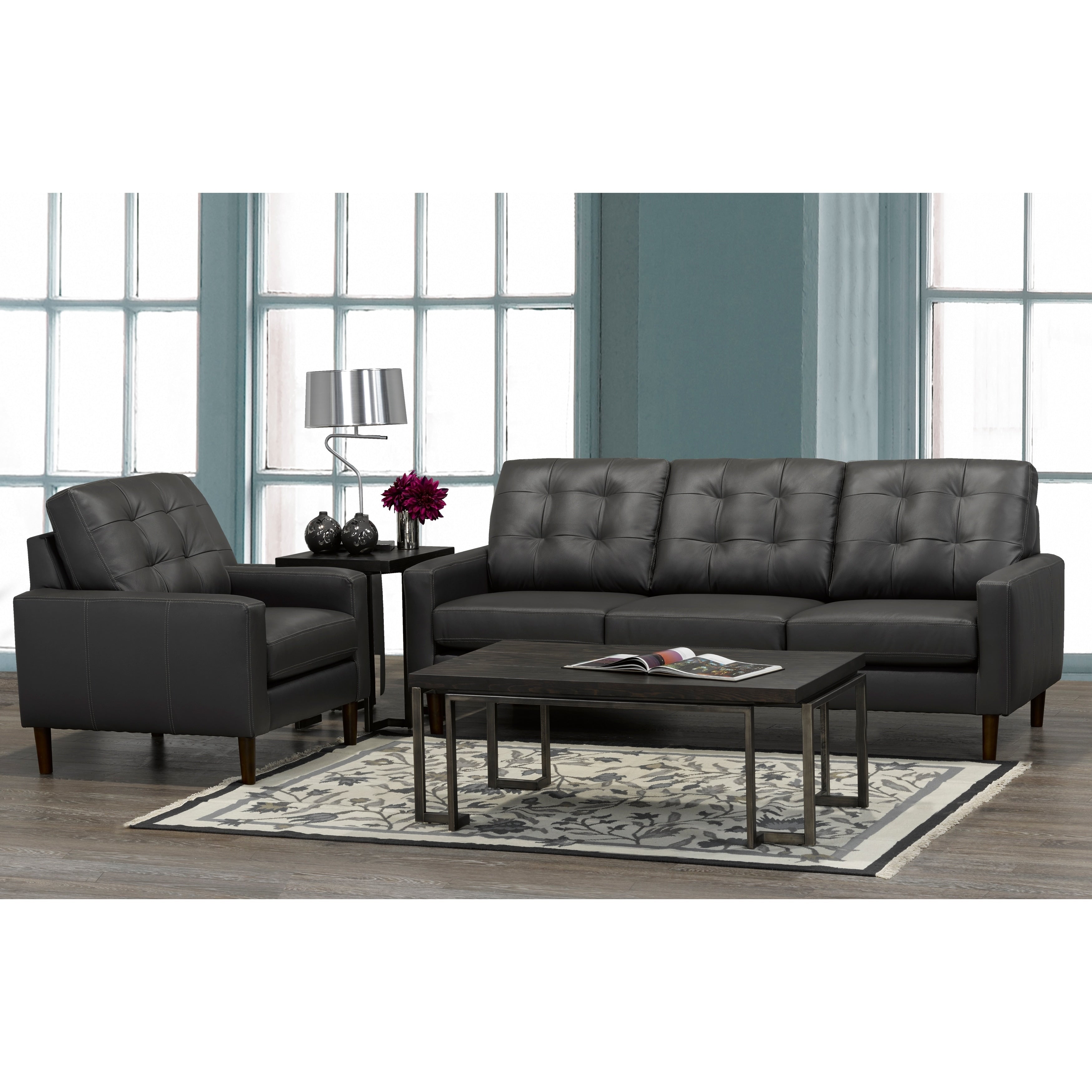 Gunner Mid Century Modern Dark Grey Top Grain Italian Leather Tufted Sofa And Chair
