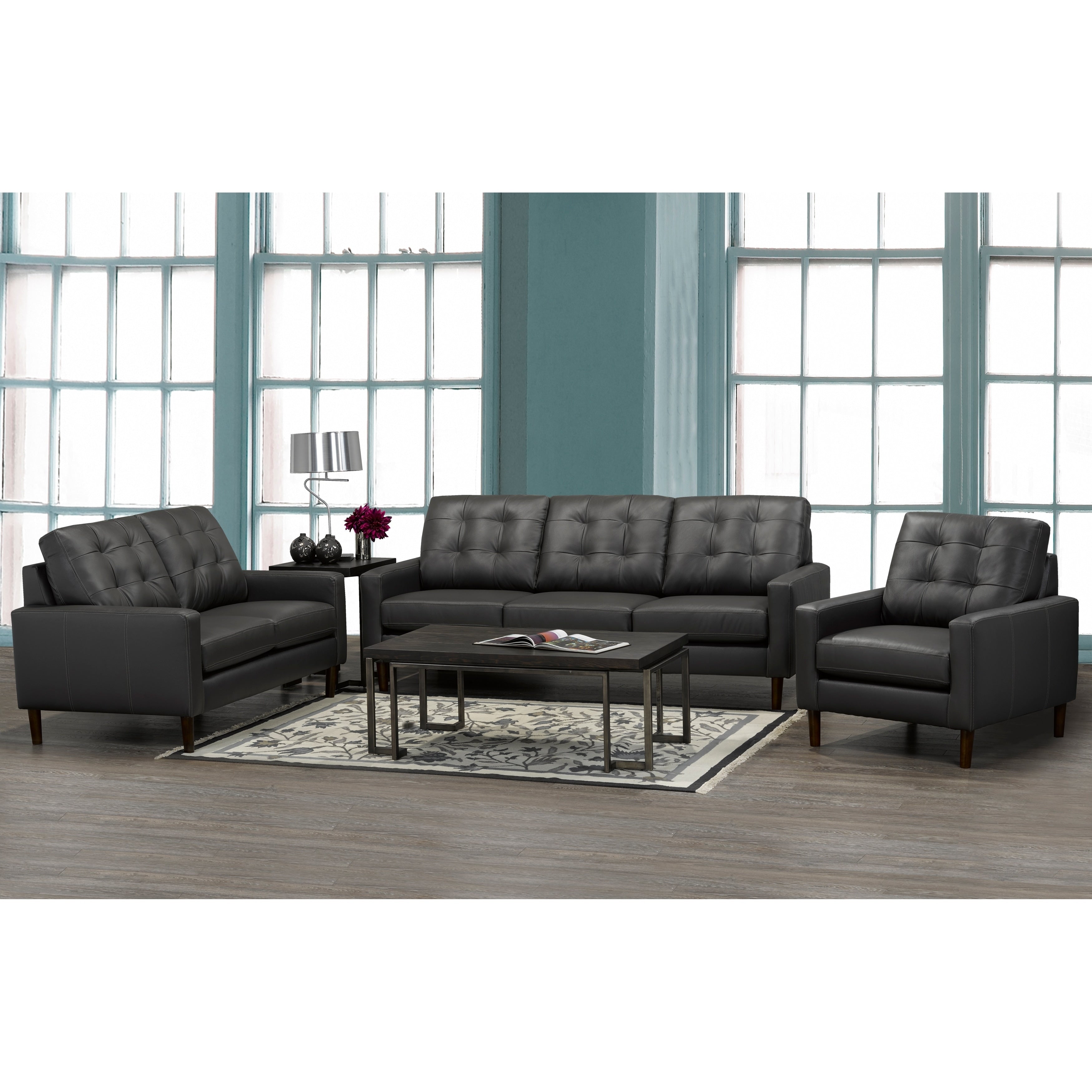 Gunner Mid Century Modern Dark Grey Top Grain Italian Leather Tufted Sofa Loveseat And Chair