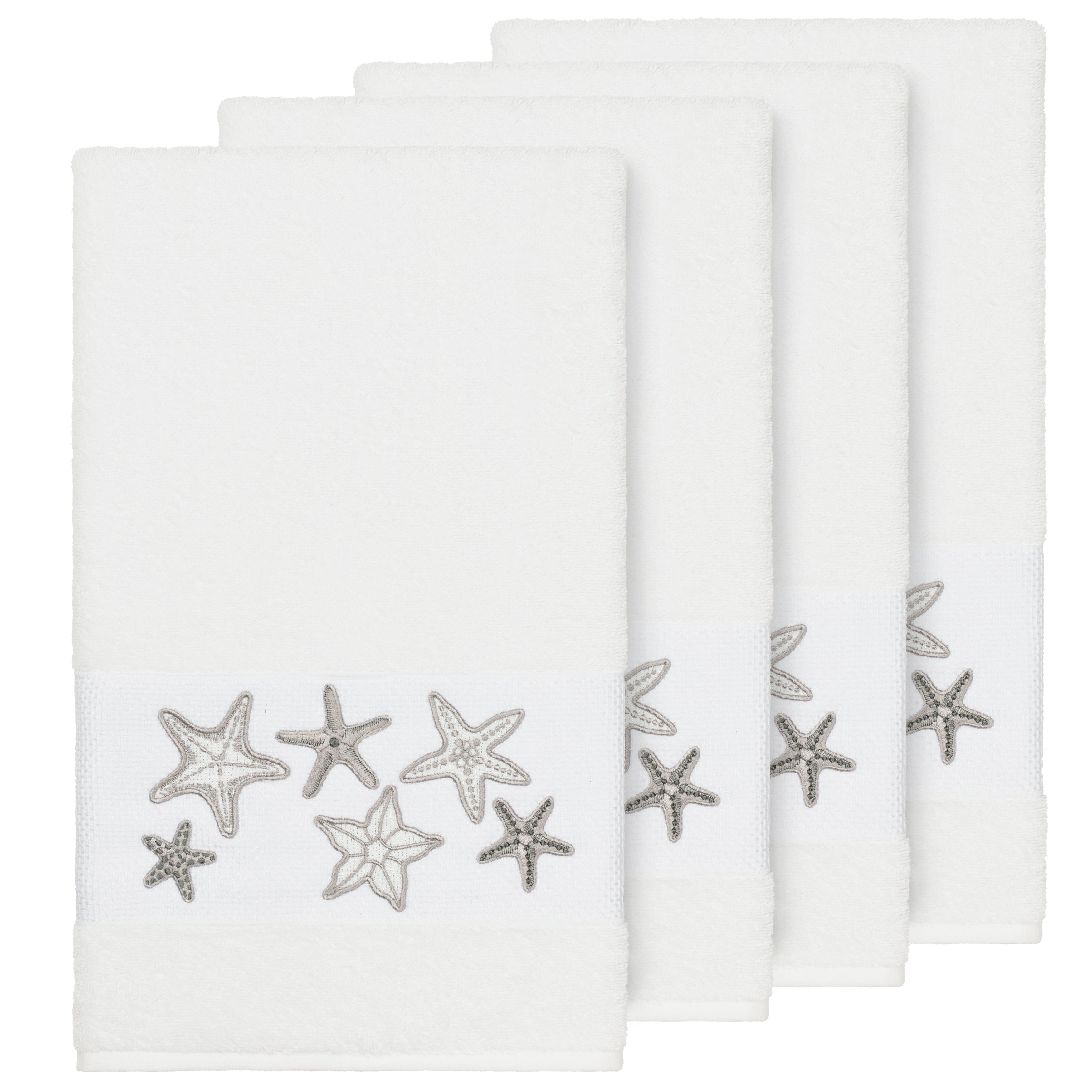 Authentic Hotel And Spa White Turkish Cotton Starfish Embroidered Bath Towels Set Of 4