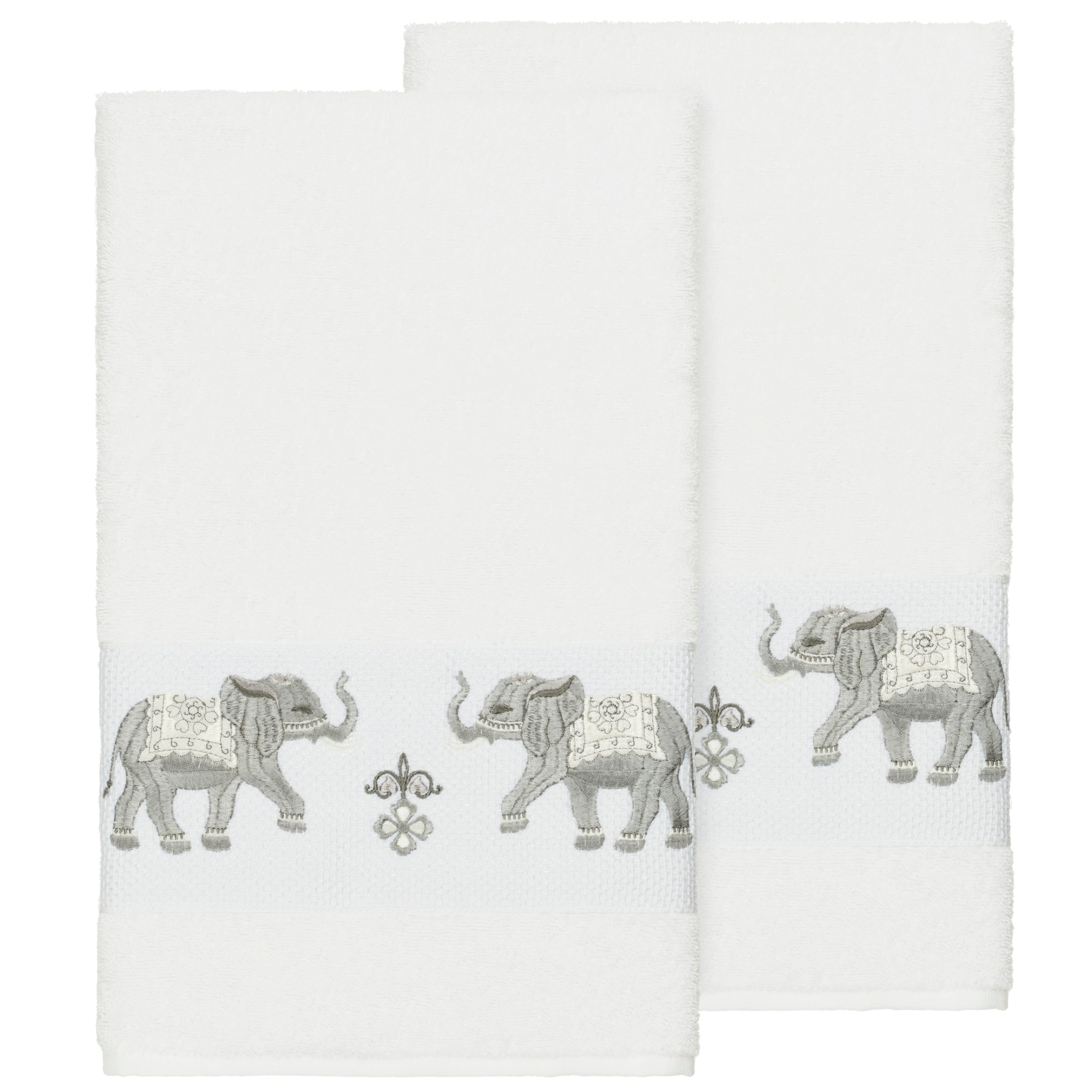 Authentic Hotel And Spa Turkish Cotton Elephants Embroidered White 2 Piece Bath Towel Set