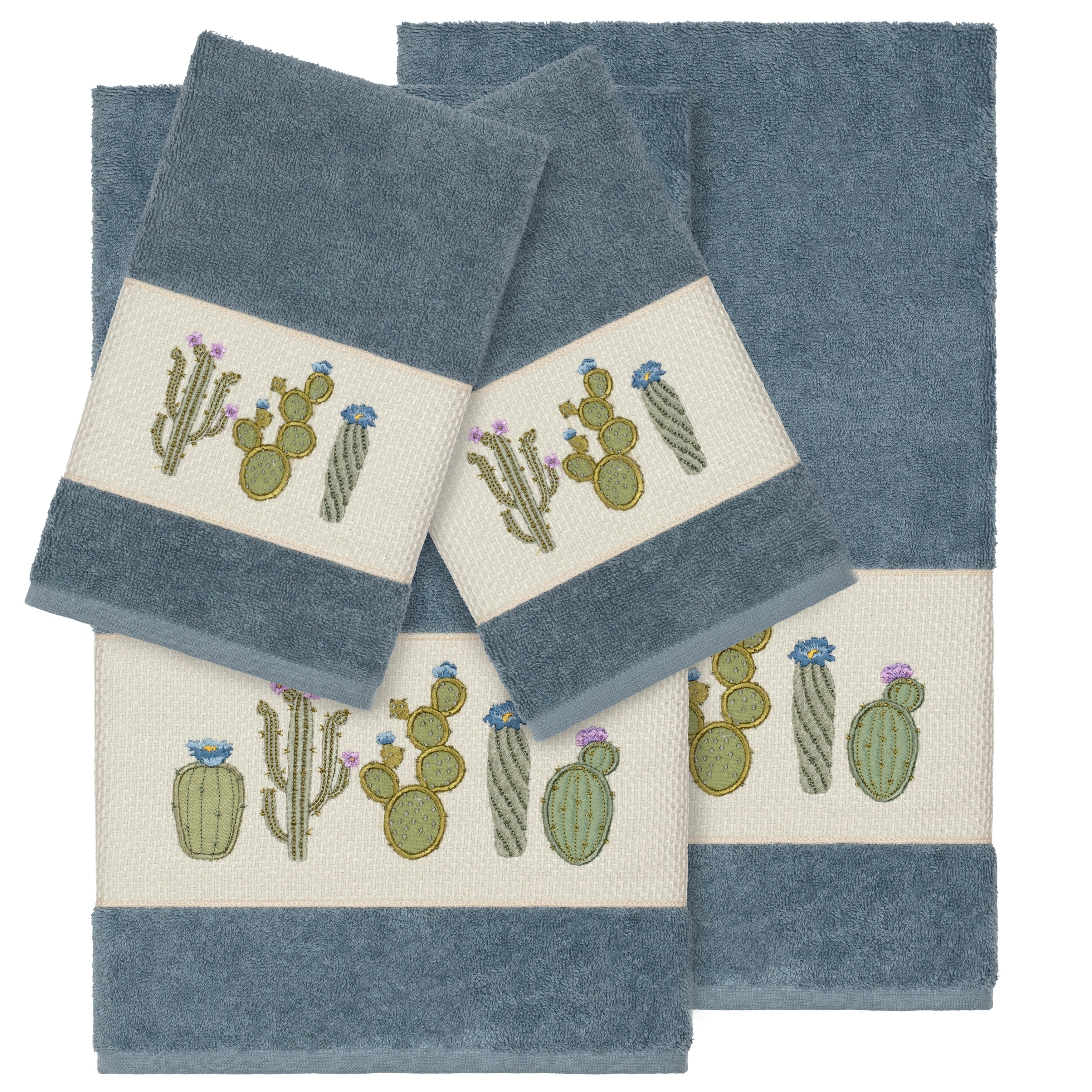 Authentic Hotel And Spa Turkish Cotton Cactus Embroidered Teal Blue 4 Piece Towel Set
