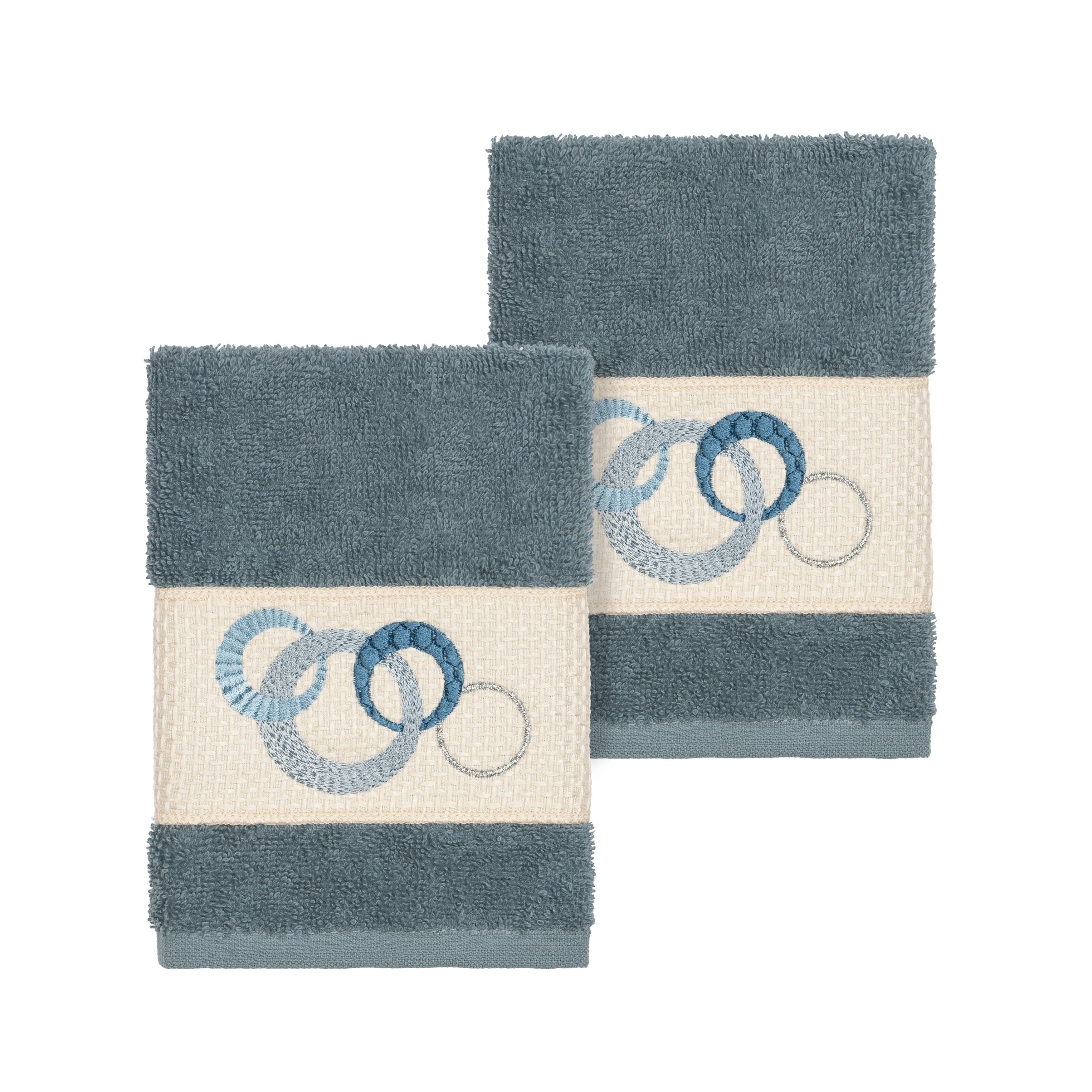 Authentic Hotel And Spa Turkish Cotton Circles Embroidered Teal Blue 2 Piece Washcloth Set
