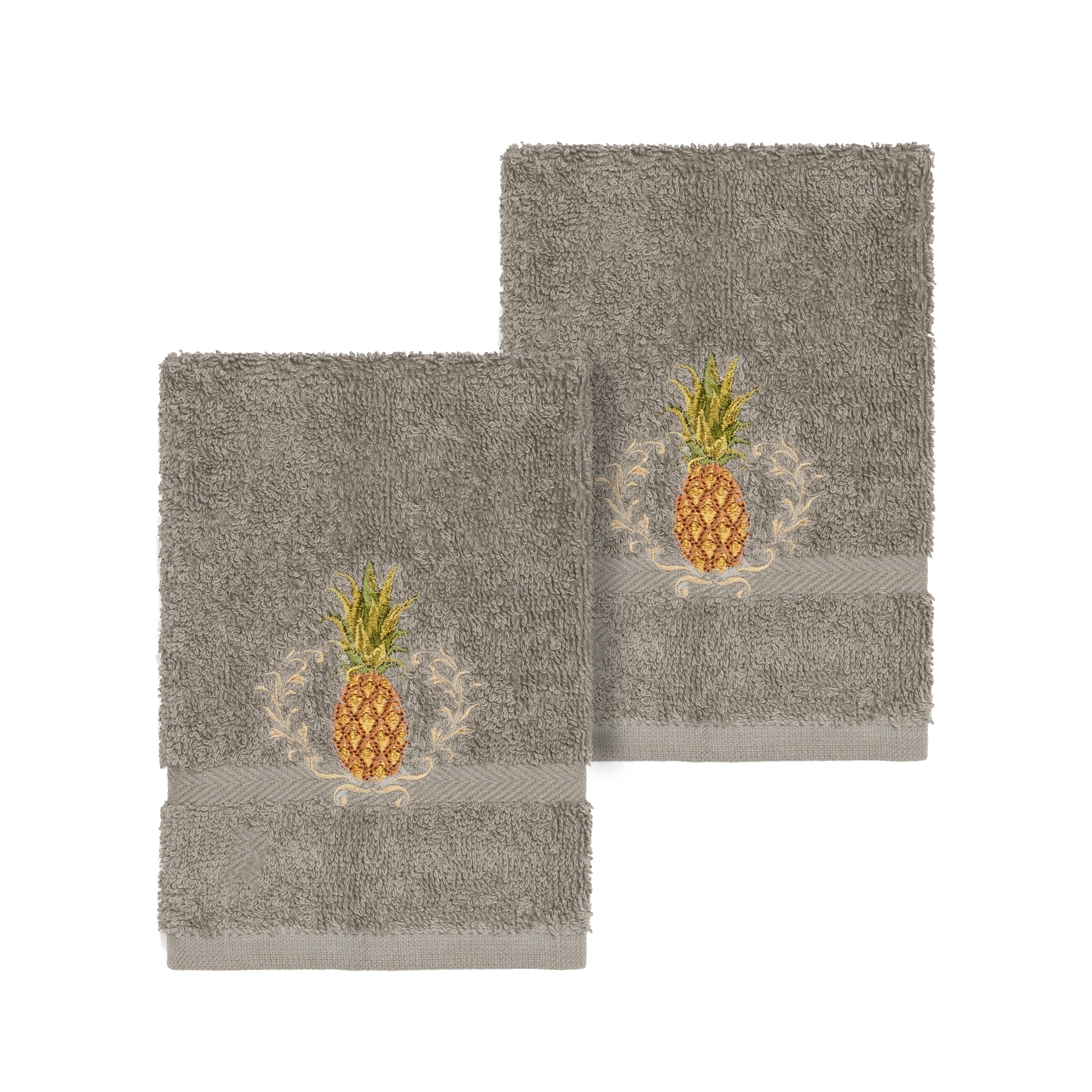 Authentic Hotel And Spa Turkish Cotton Pineapple Embroidered Dark Grey 2 Piece Washcloth Set