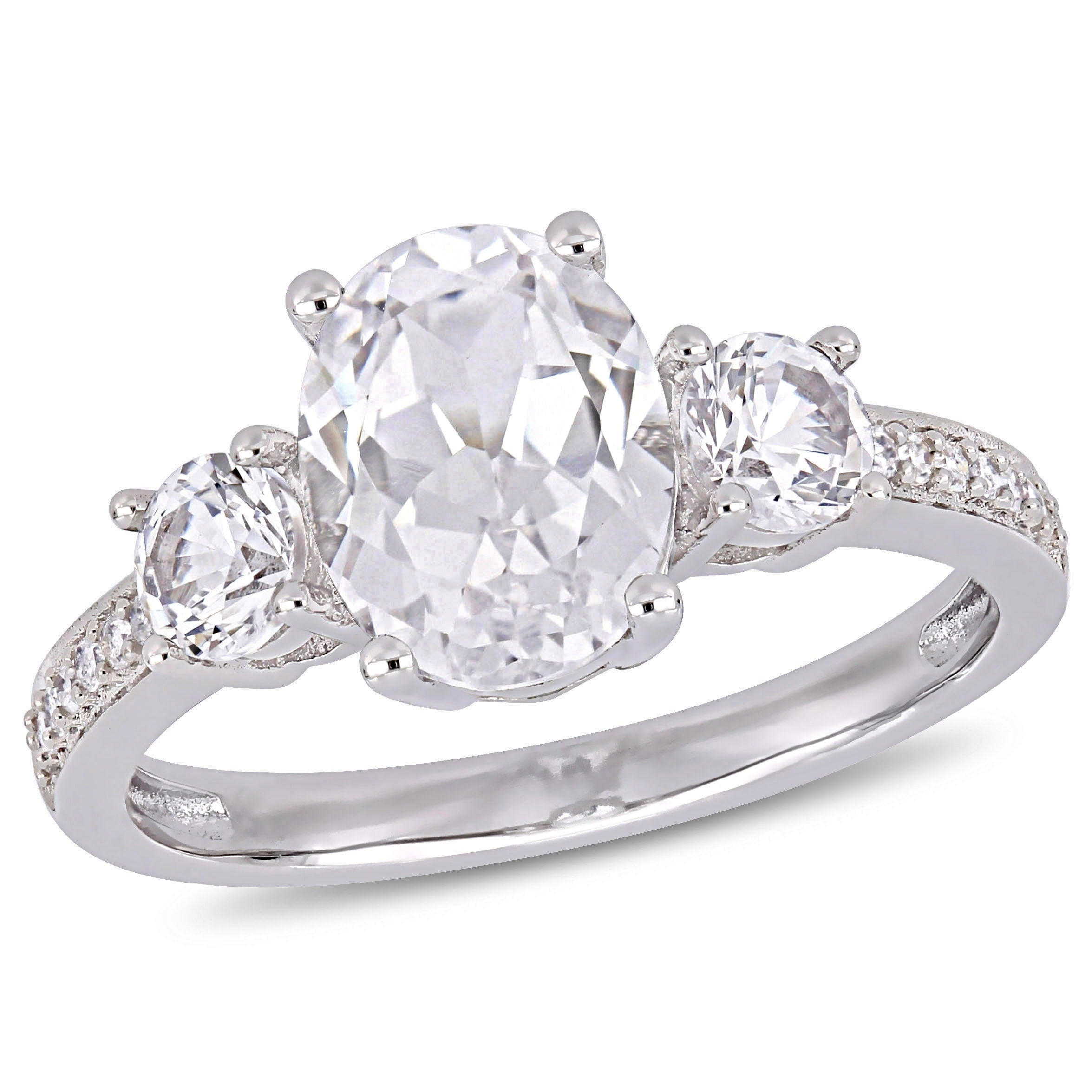 Miadora 10K White Gold Created White Sapphire Diamond 3 Stone Engagement Ring