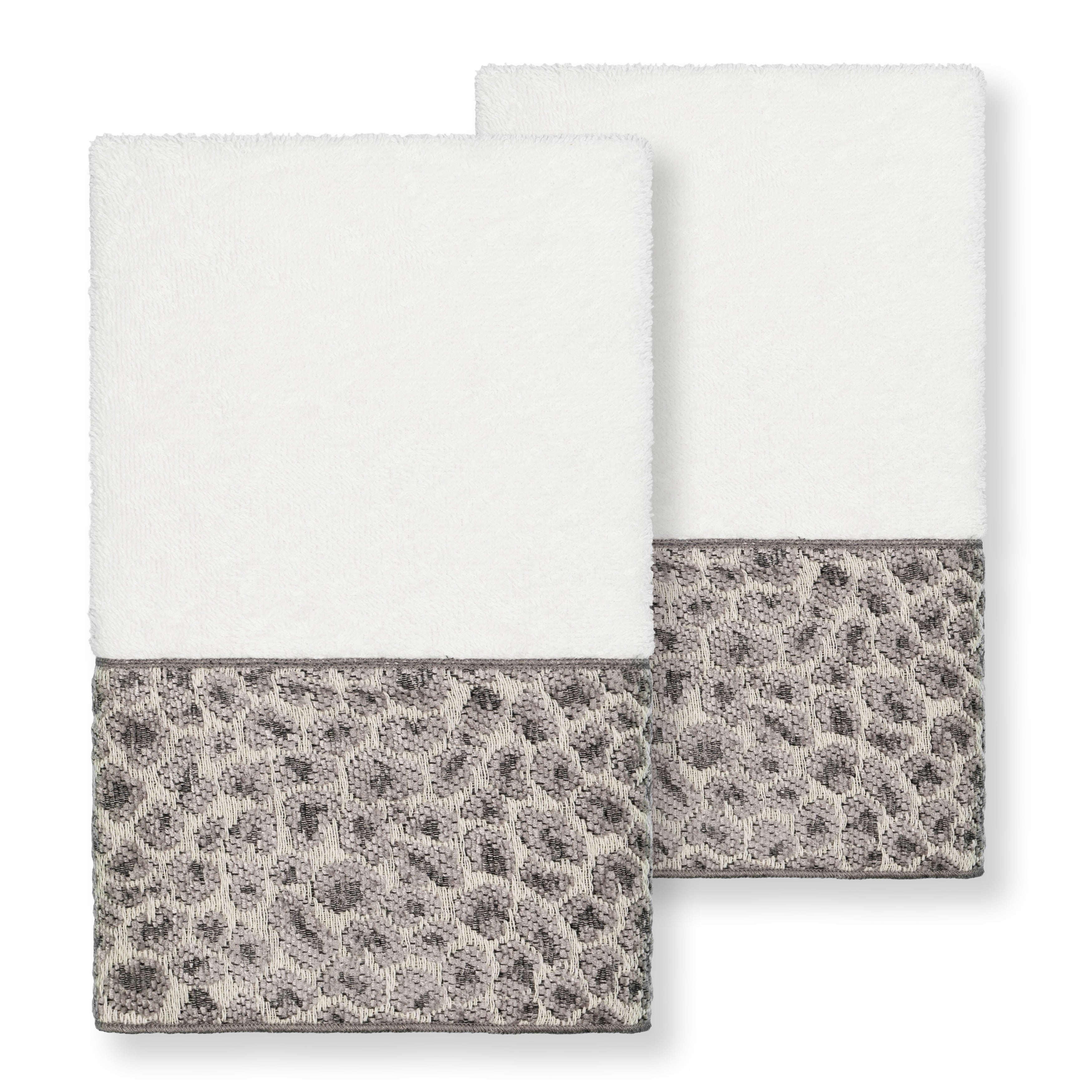 Authentic Hotel And Spa Turkish Cotton Cheetah Jacquard Trim White 2 Piece Hand Towel Set