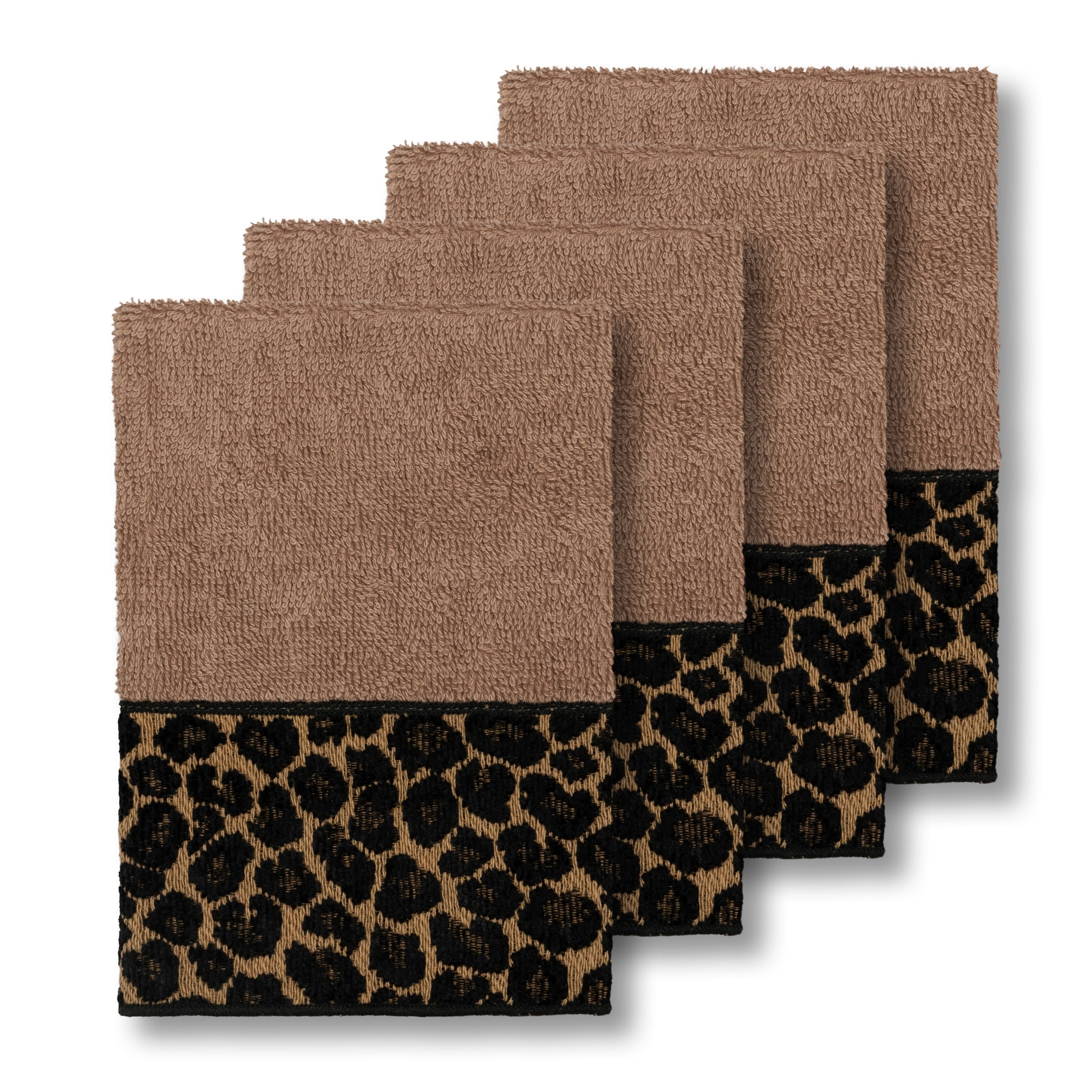 Authentic Hotel And Spa Turkish Cotton Cheetah Jacquard Trim Latte Brown 4 Piece Washcloth Set