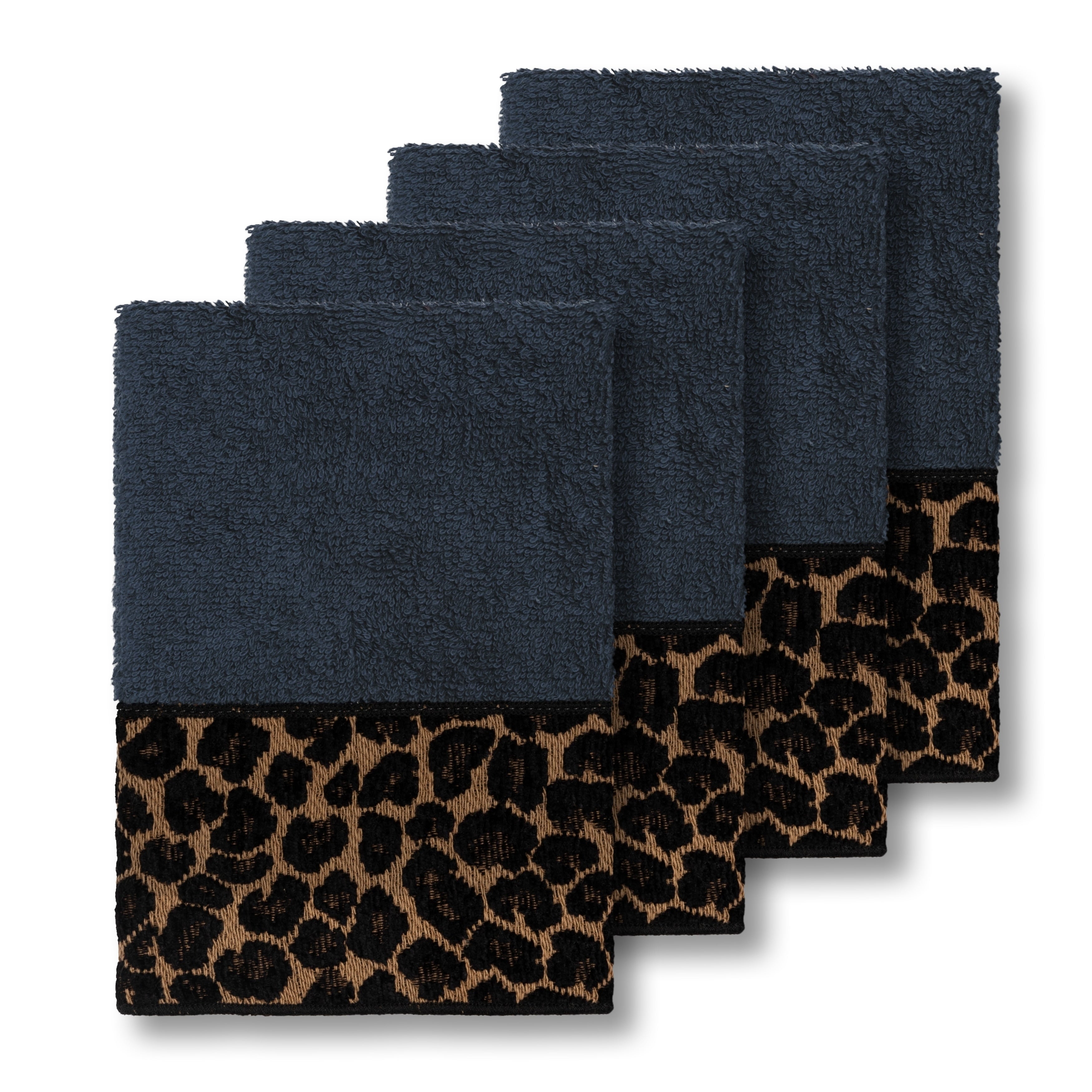 Authentic Hotel And Spa Turkish Cotton Cheetah Jacquard Trim Midnight Blue 4 Piece Washcloth Set
