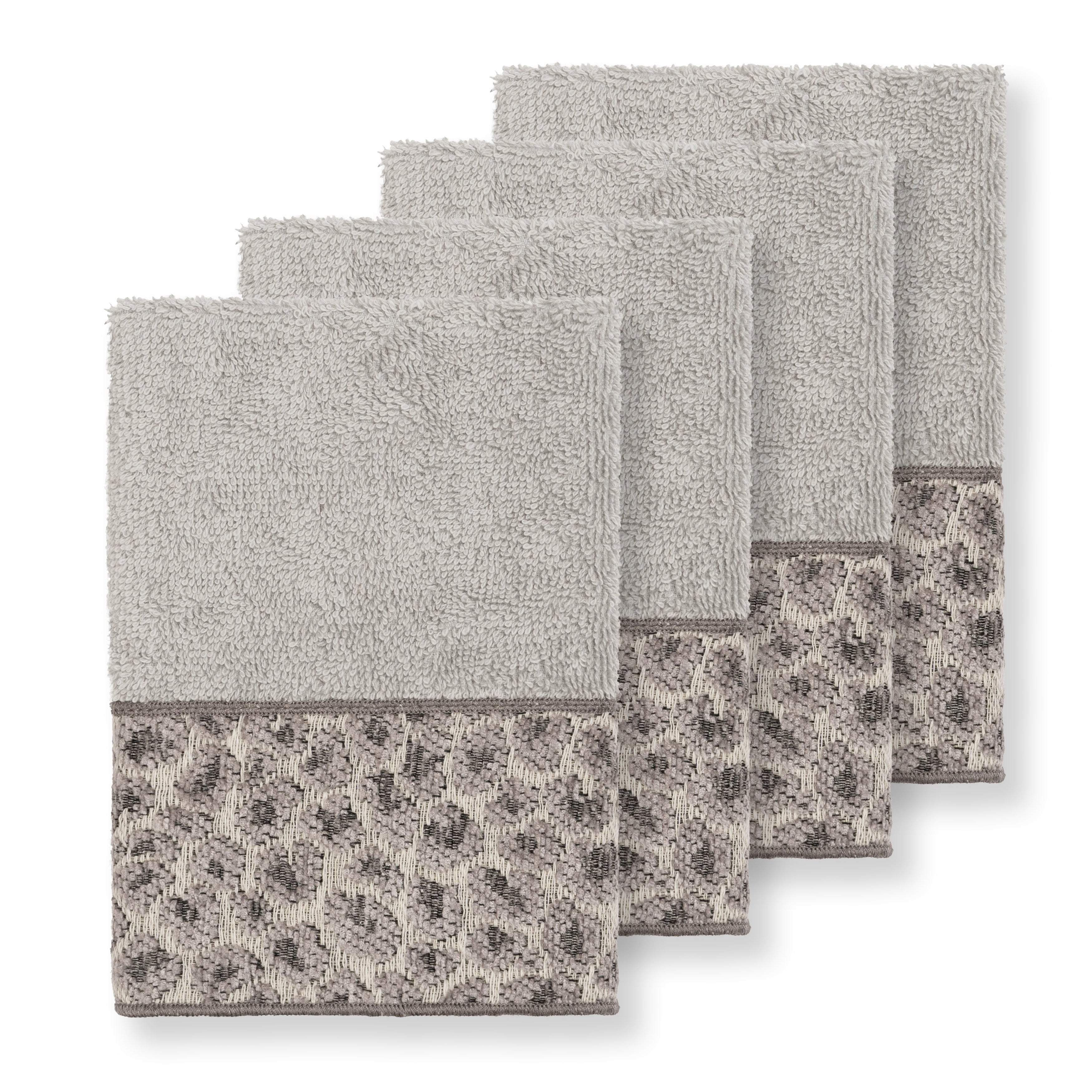Authentic Hotel And Spa Turkish Cotton Cheetah Jacquard Trim Light Grey 4 Piece Washcloth Set