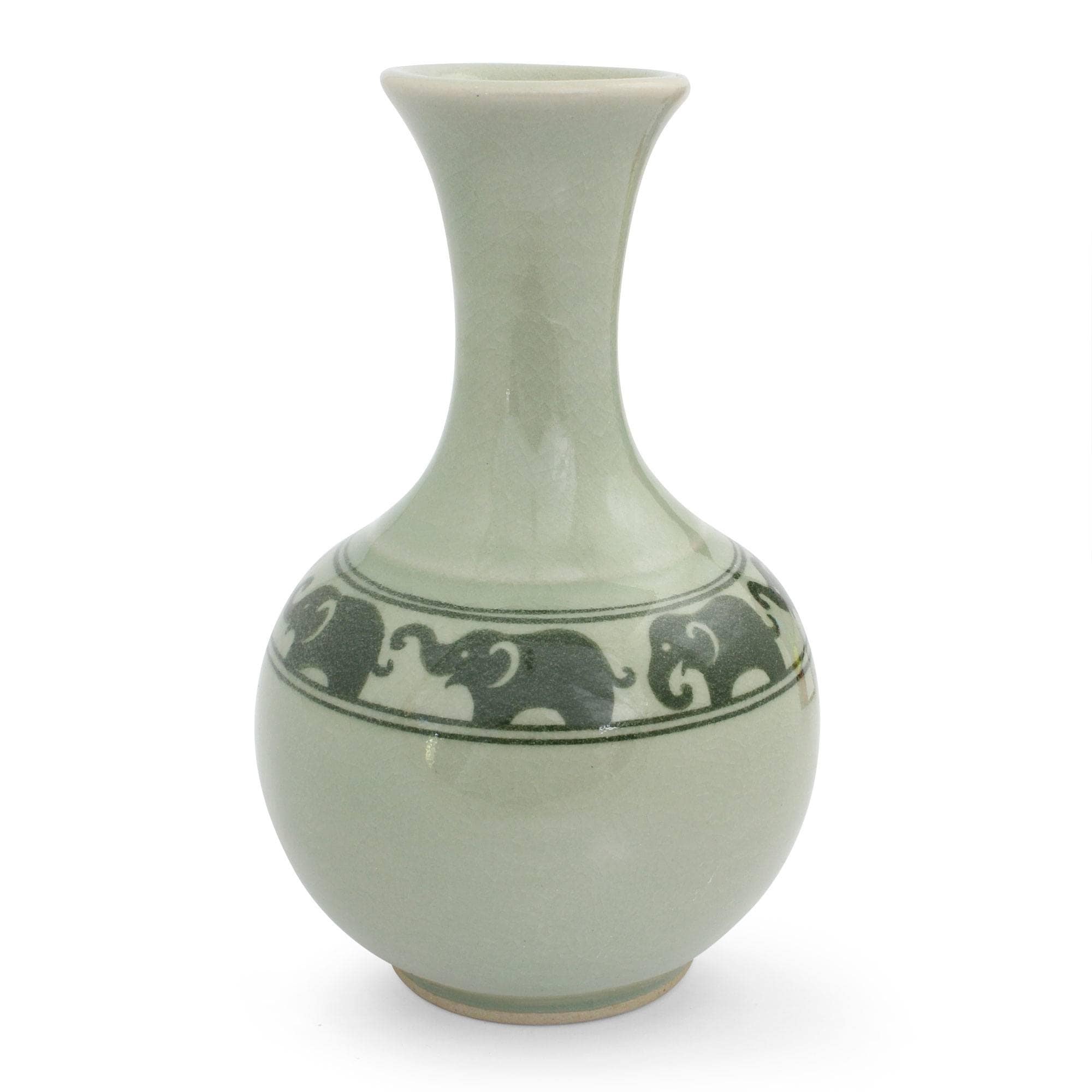 Novica Green Green Prancing Elephants Celadon Ceramic Vase Thailand