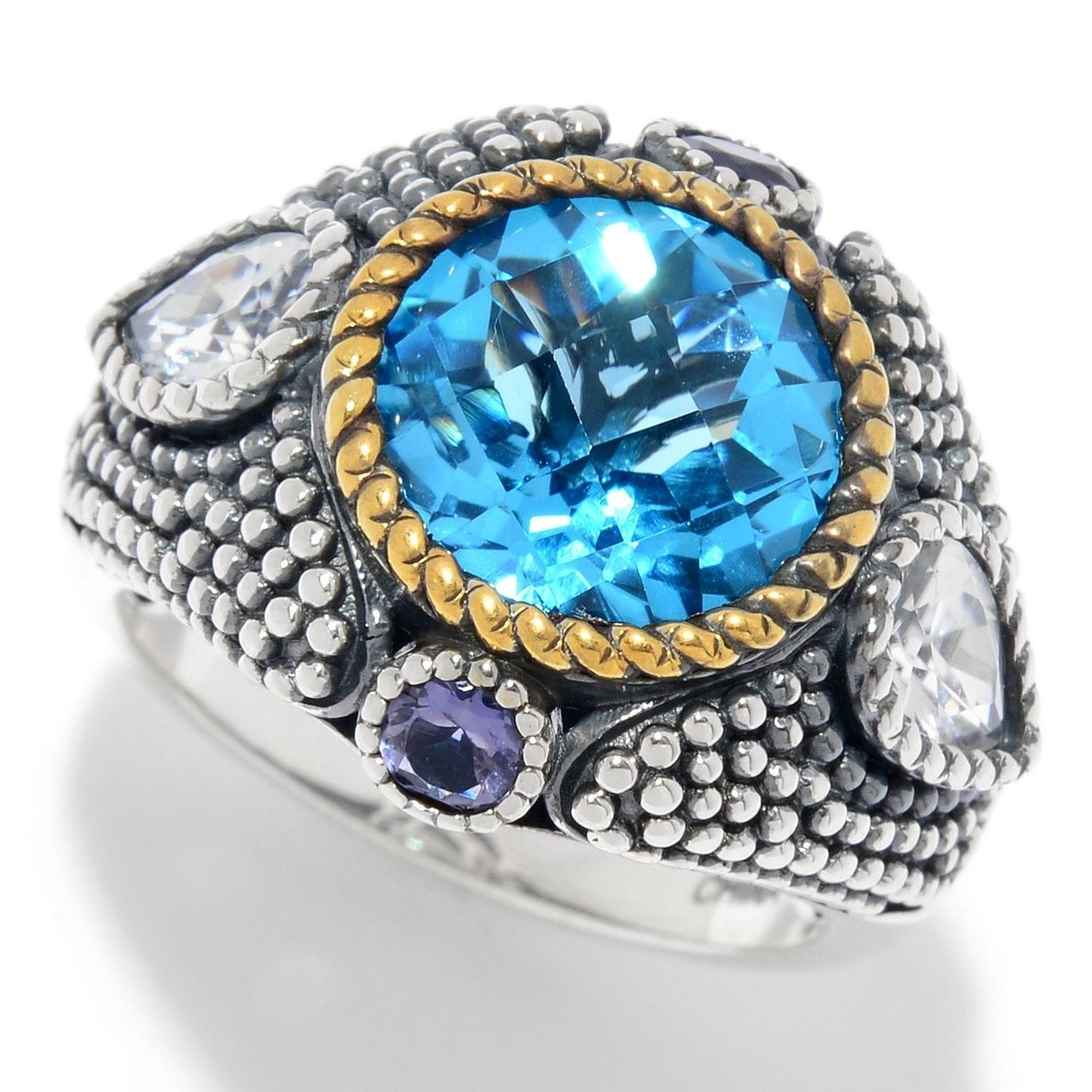 Pinctore Sterling Silver 5.20Ctw Swiss Blue Topaz Multi Gem Beaded Ring