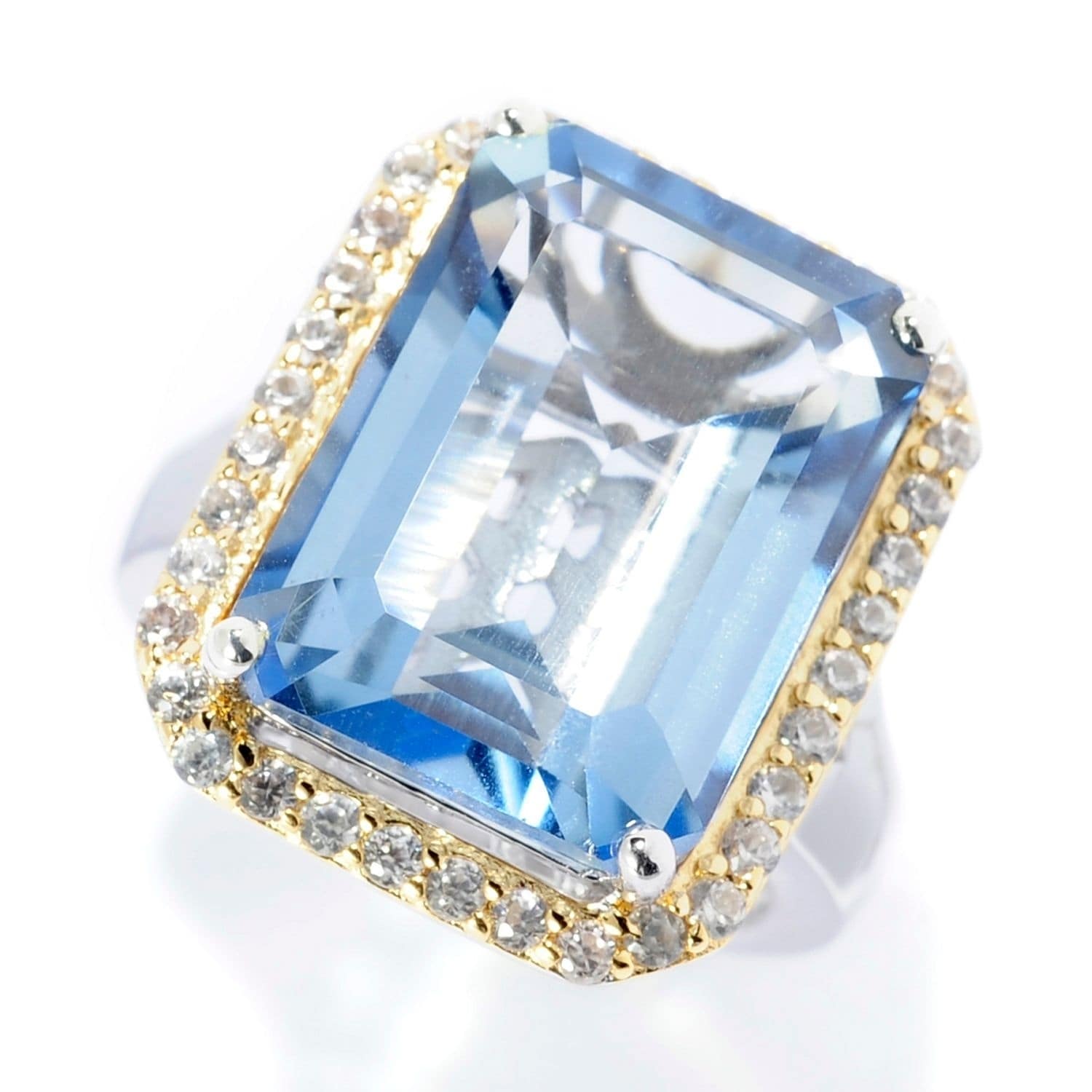 Pinctore Sterling Silver 11.70Ctw Aquamarine Color Quartz White Zircon Halo Ring