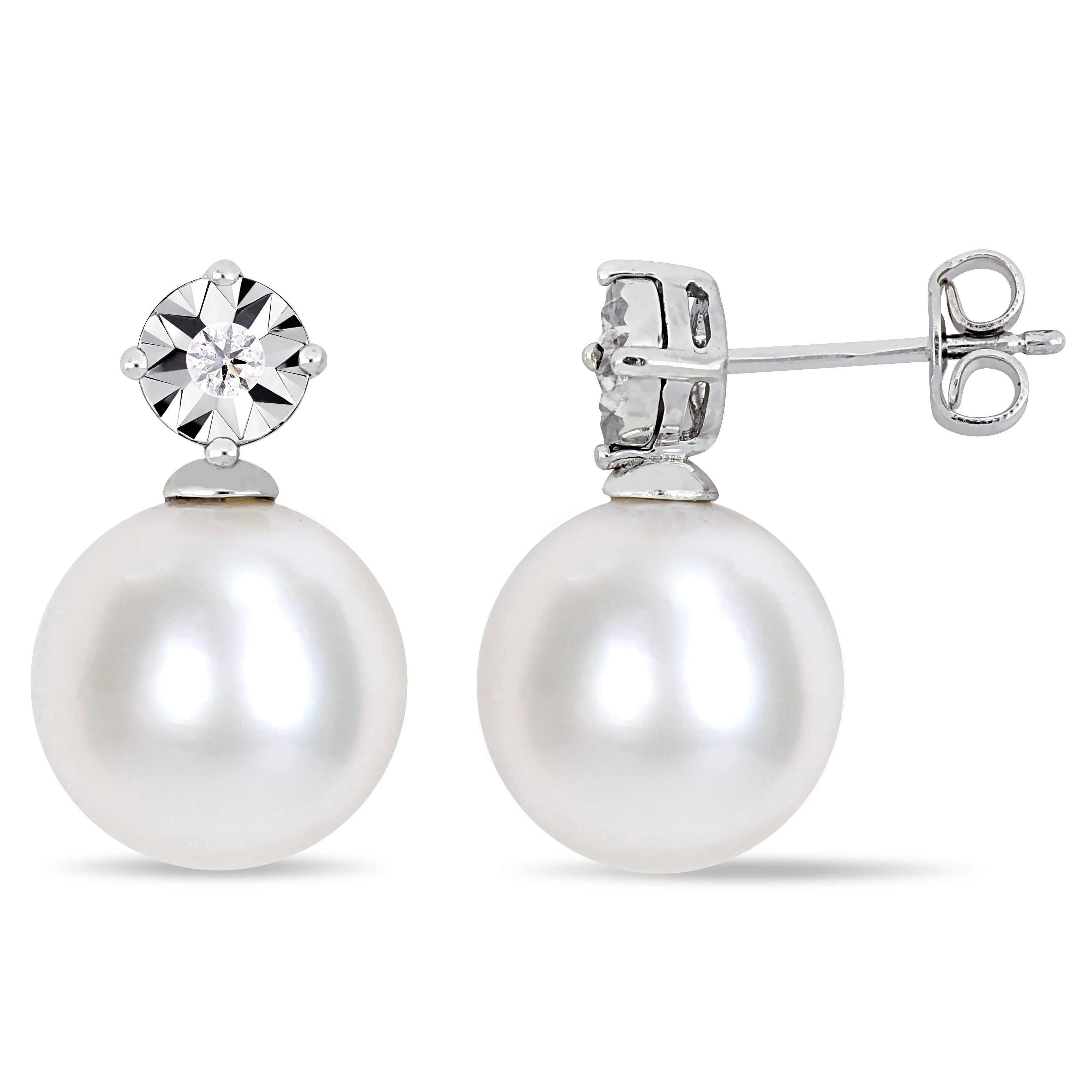 Miadora Sterling Silver Cultured Freshwater Pearl And Diamond Drop Earrings 7.5 8Mm