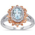 Miadora 10K 2 Tone Gold Oval Cut Aquamarine And 1 5Ct Tdw Diamond Floral Halo Split Shank Ring