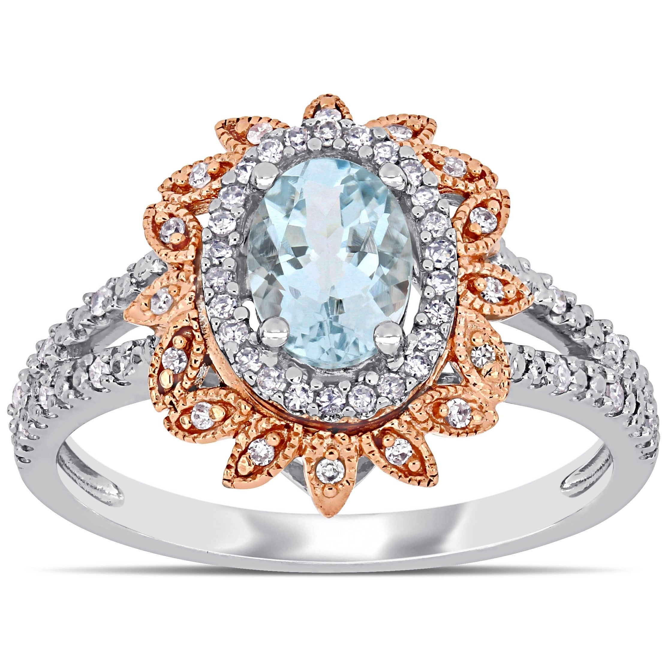 Miadora 10K 2 Tone Gold Oval Cut Aquamarine And 1 5Ct Tdw Diamond Floral Halo Split Shank Ring