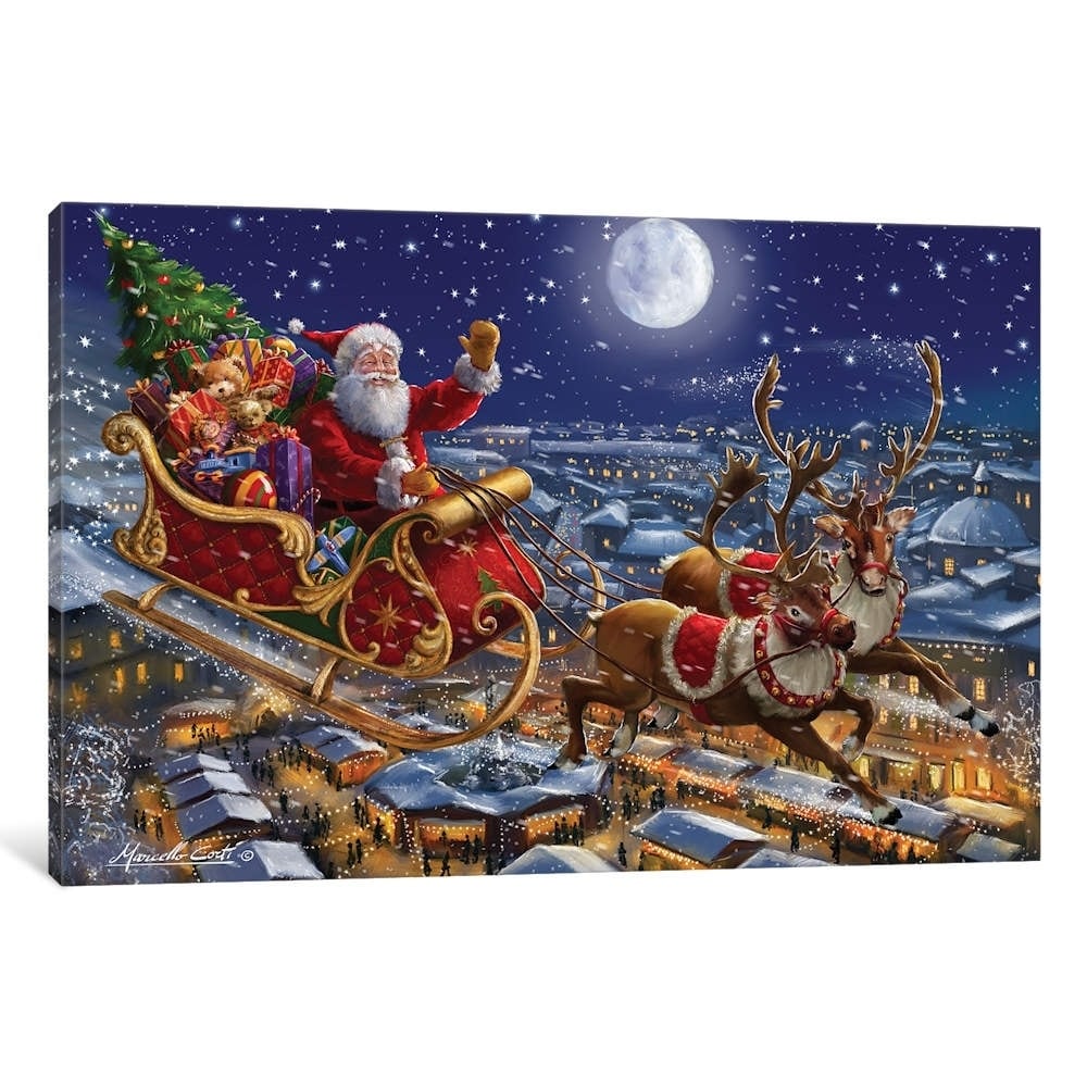 Icanvas Santa Sleigh And Reindeer In Sky By Marcello Corti