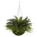 Nearly Natural Artificial Cycas Indoor Outdoor Plant In Mossy Hanging Basket